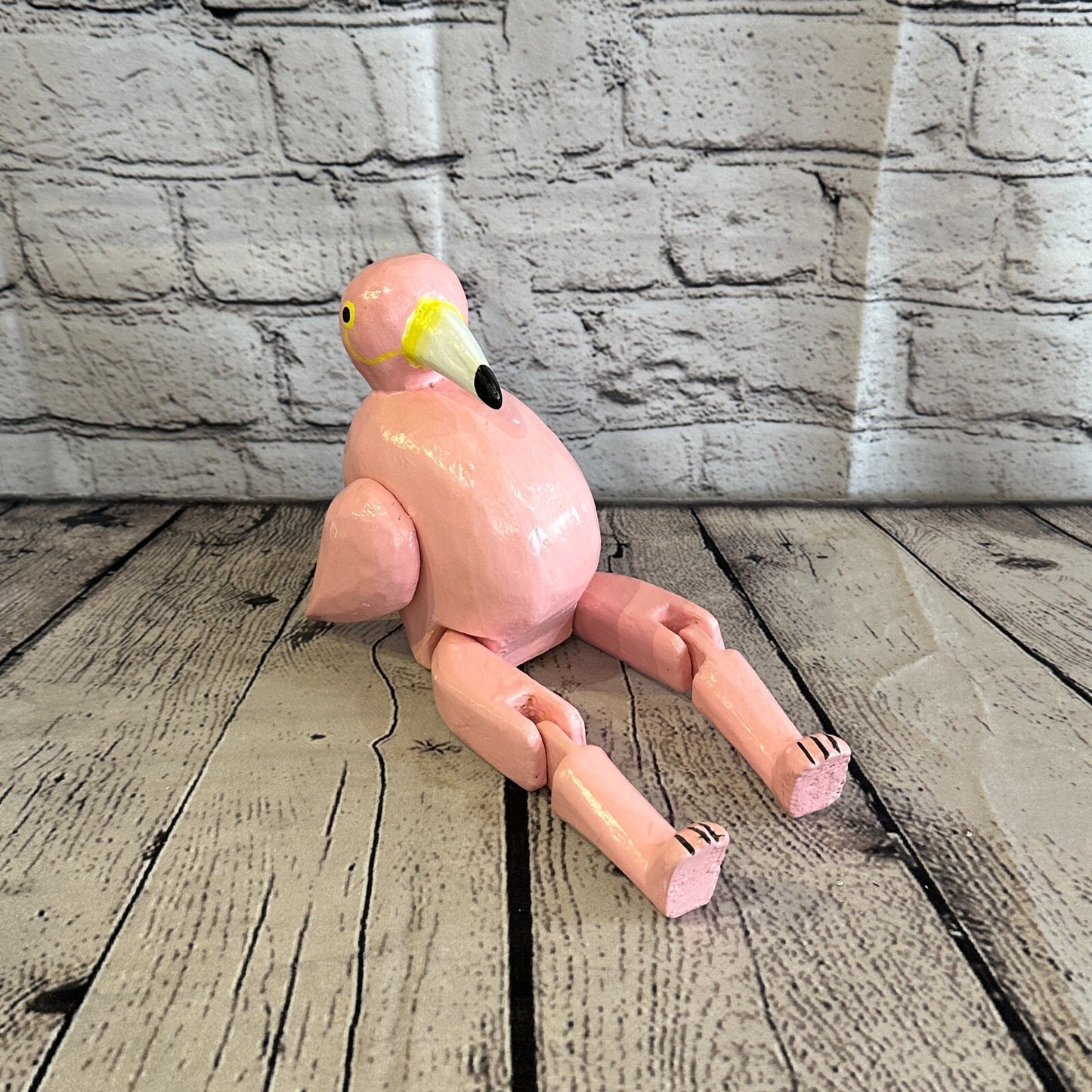 20cm Pink Flamingo Sitting Animal, Wooden Shelf Ornament Handmade & Fairtrade