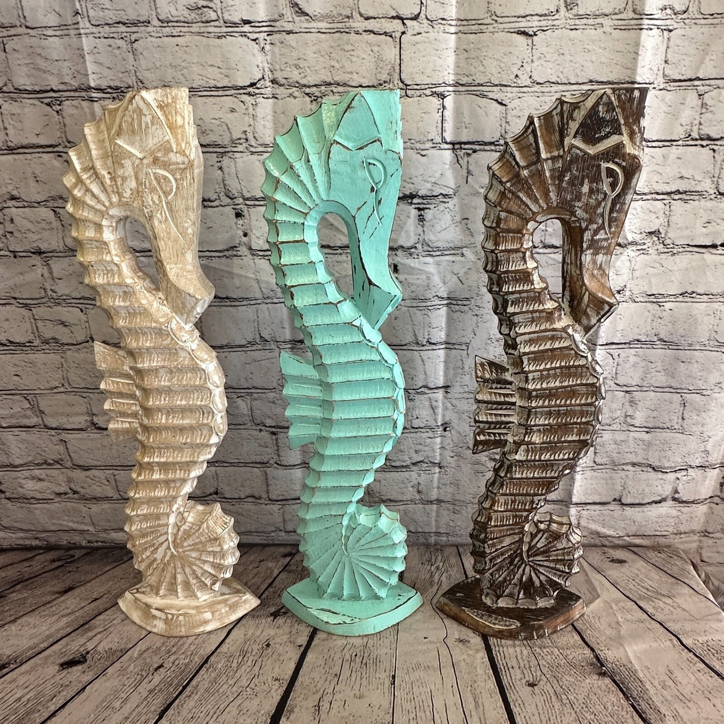 100cm Green Plain Wooden Shabby Seahorse Statue Ornament Fair Trade Handcarved