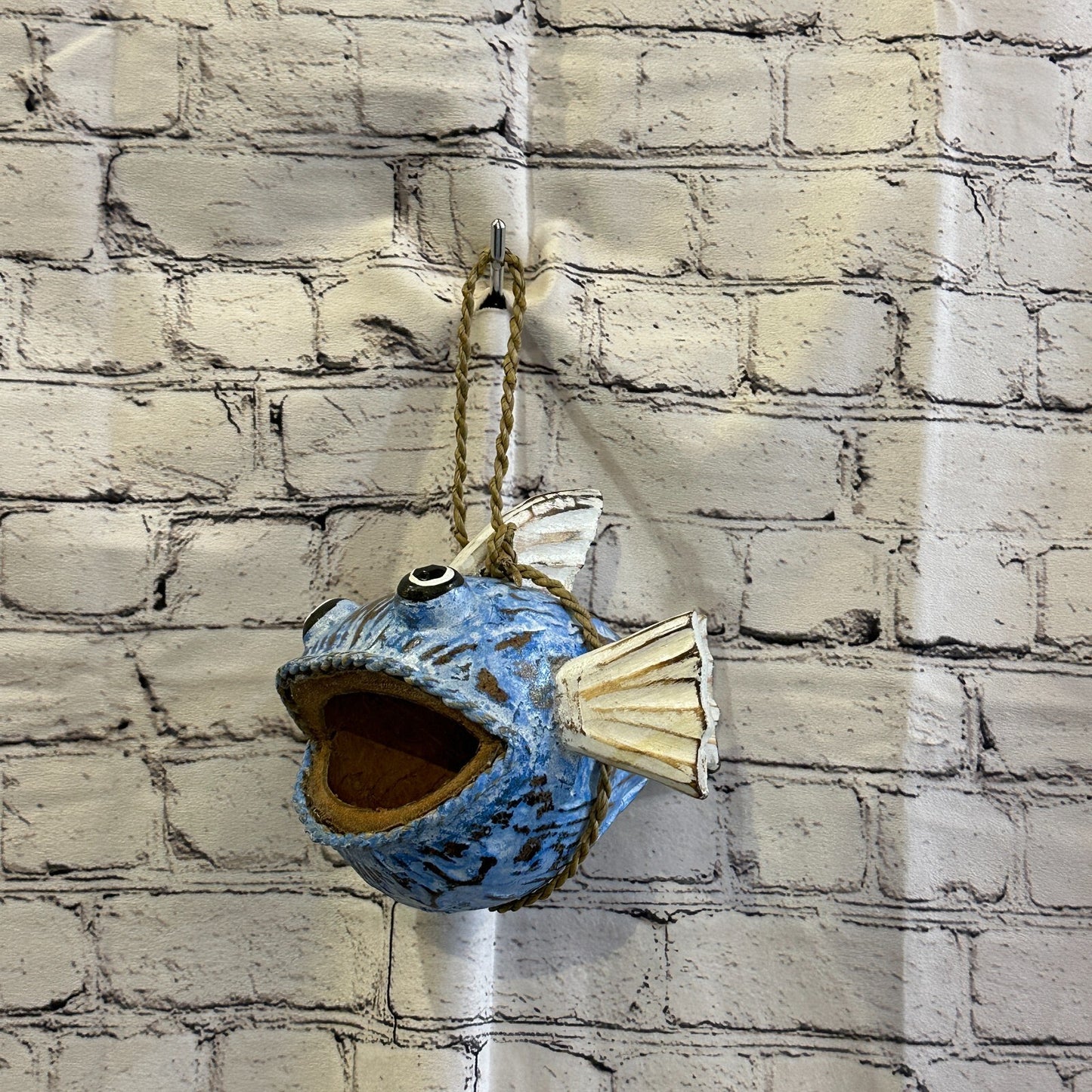 White Blue Folk Art Hand Painted Shark Fish Coconut Shell Ornaments Hanging