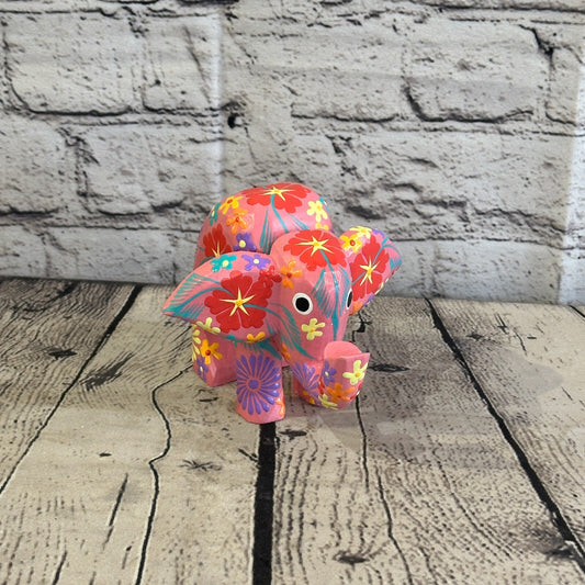 Pink Wooden Elephant With Flower Pattern 10cm x 12cm Handmade and Fairtrade