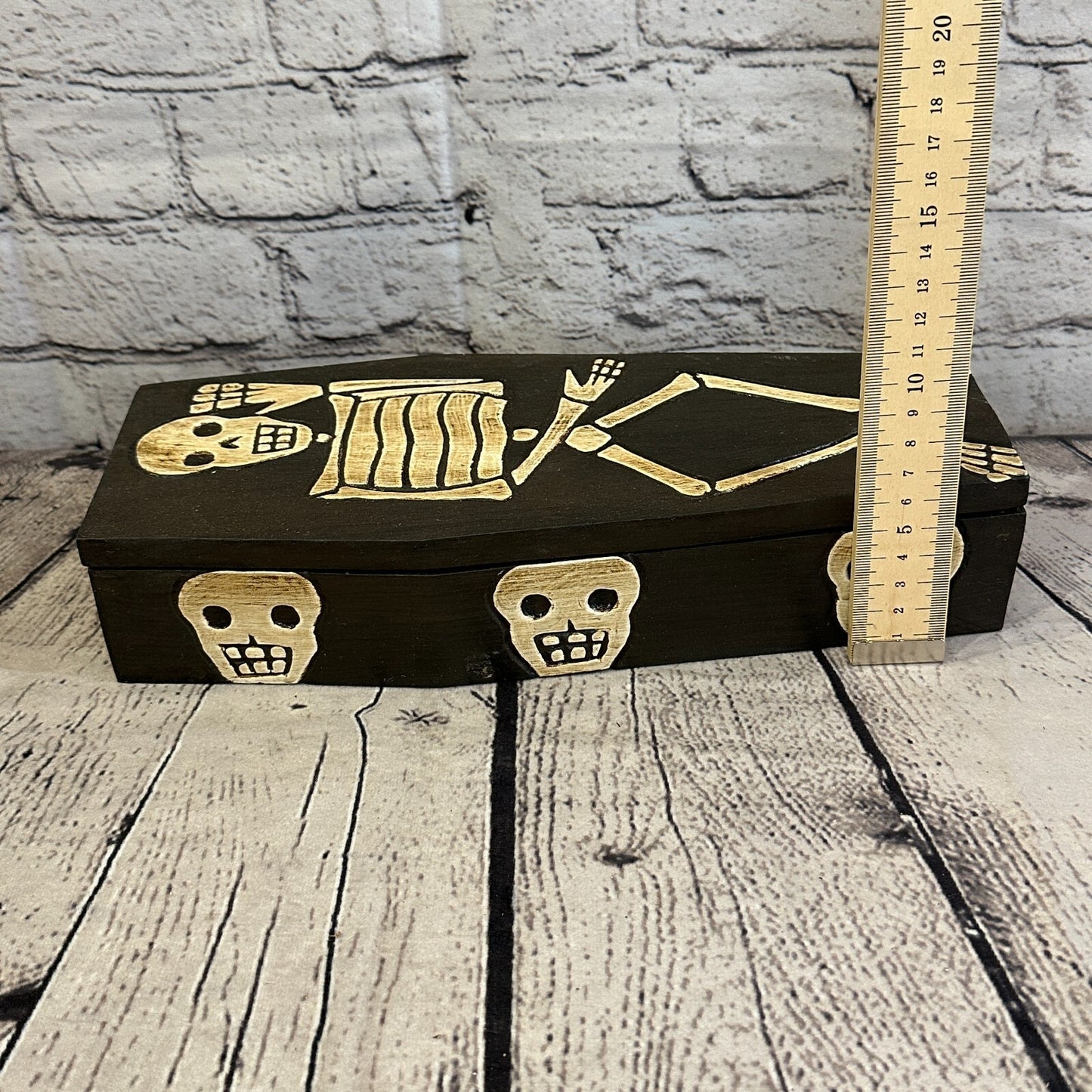 28cm x 8cm x 6cm Coffin Wooden Gothic Skeleton Skull Head Coffin Jewellery Box