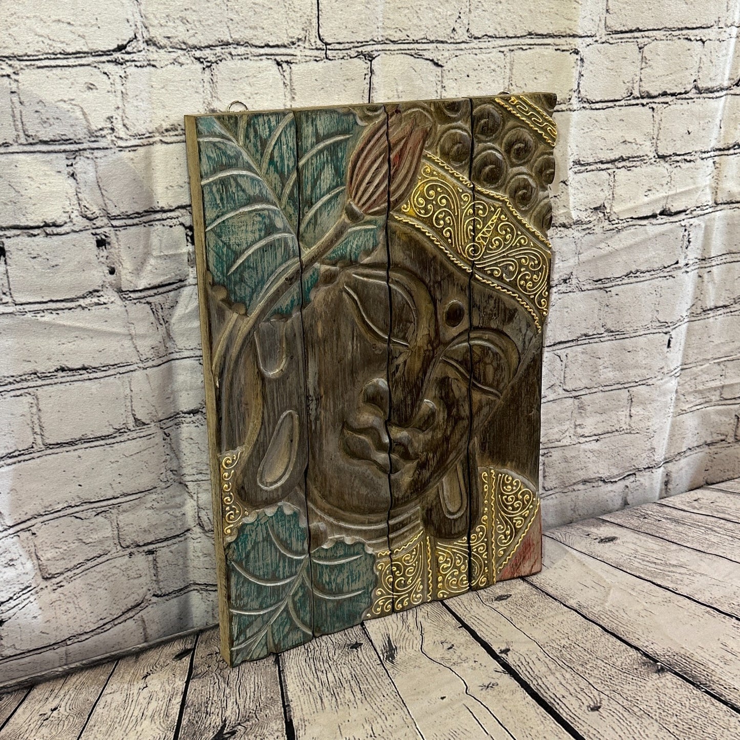 Wooden Wood Panel 45cm Pastel Colour Buddha Lotus Wall Art Plaque Handcarved