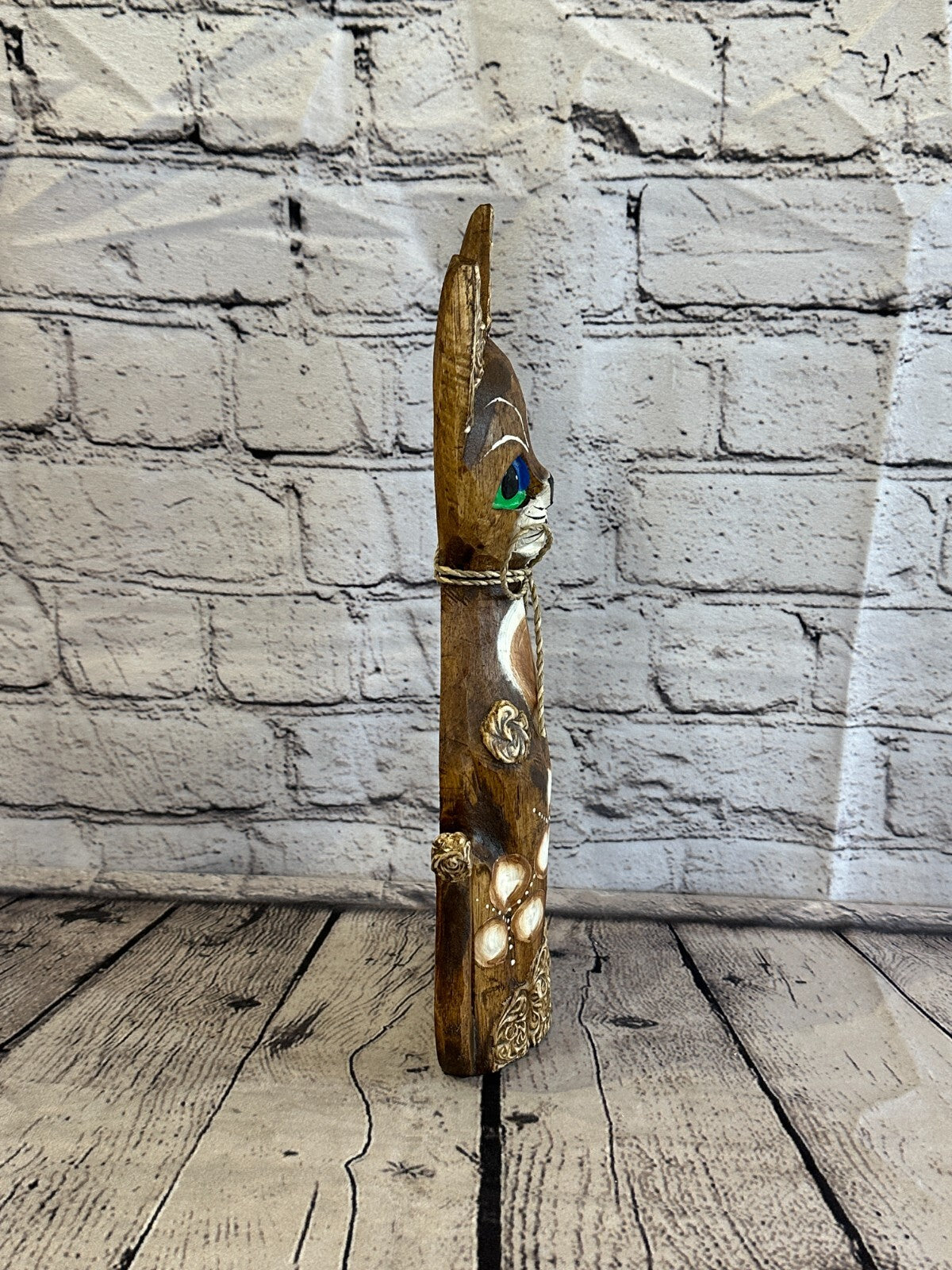 30cm Brown Swirl Flower Wooden Shabby Cat Statue Ornament Fair Trade Handcarved