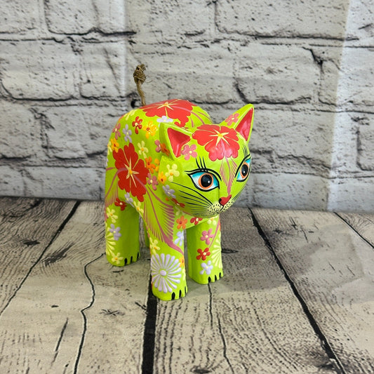Green Large Wooden Cat With Flower Pattern 15cm x 10cm Handmade and Fairtrade