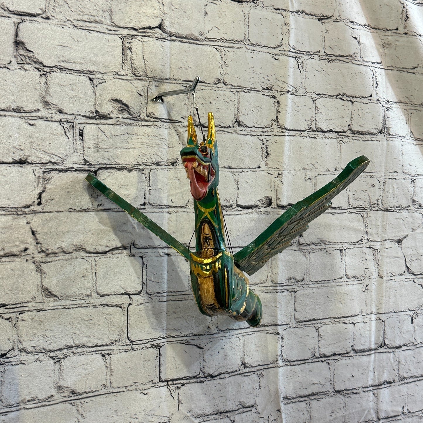 Large Green Dragon Folk Art Wood Flying Winged Mobile Spirit Chaser Guardian