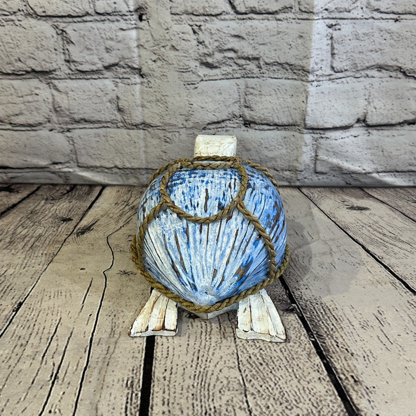 White Blue Folk Art Hand Painted Turtle Coconut Shell Ornaments Hanging Decor