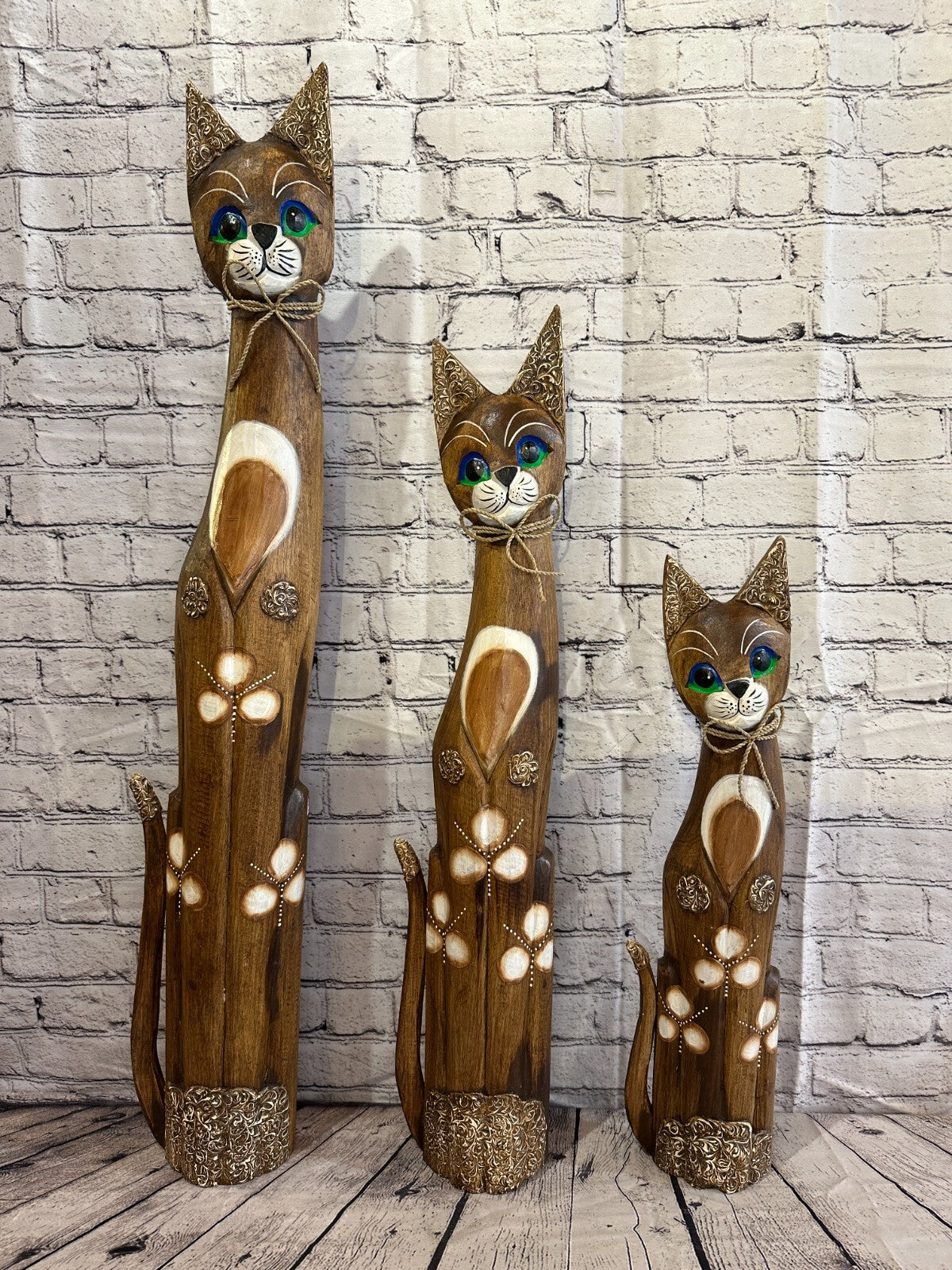100cm Brown Swirl Flower Wooden Shabby Cat Statue Ornament Fair Trade Handcarved