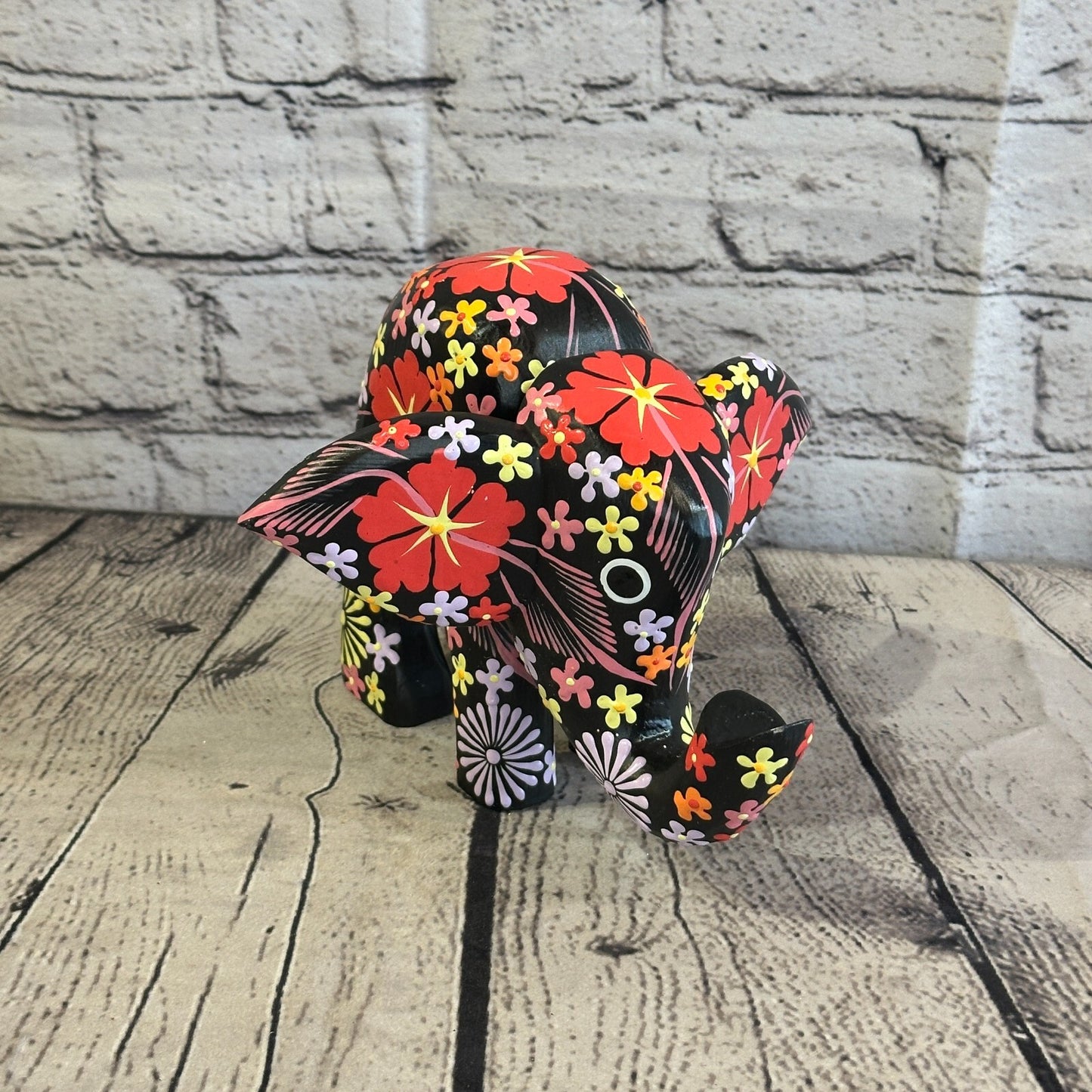 Black Wooden Elephant With Flower Pattern 15cm x 18cm Handmade and Fairtrade