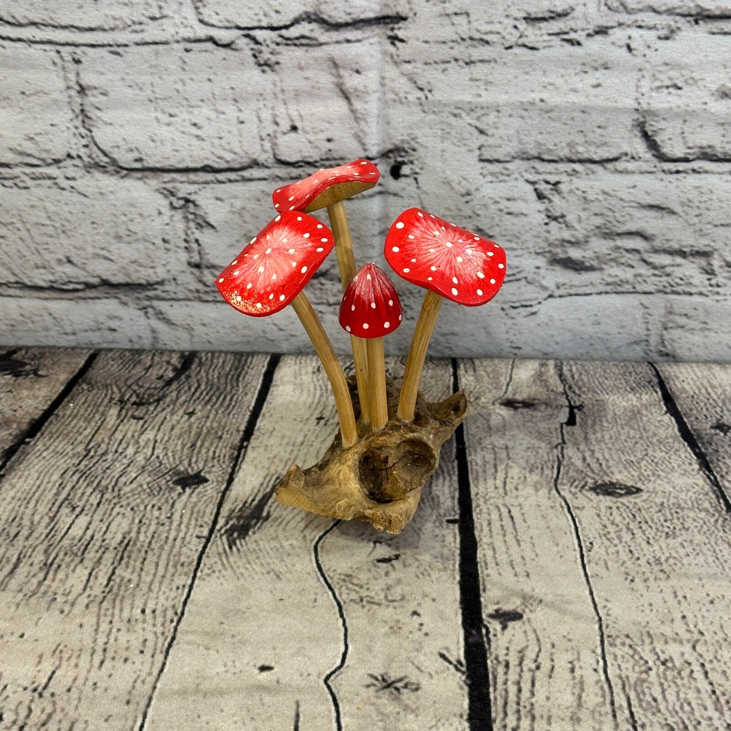 Pink Red Painted Mushrooms Parasite Ornament Natural Carving Fairtrade Wooden