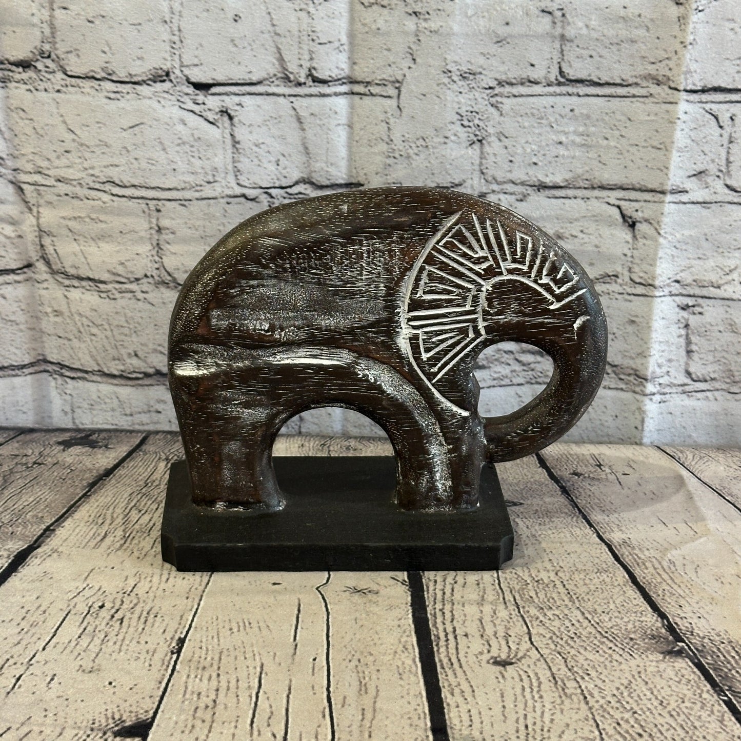 20cm x 20cm Wooden Tribal Primitive Black Elephant Round Stand Sculpture Statue