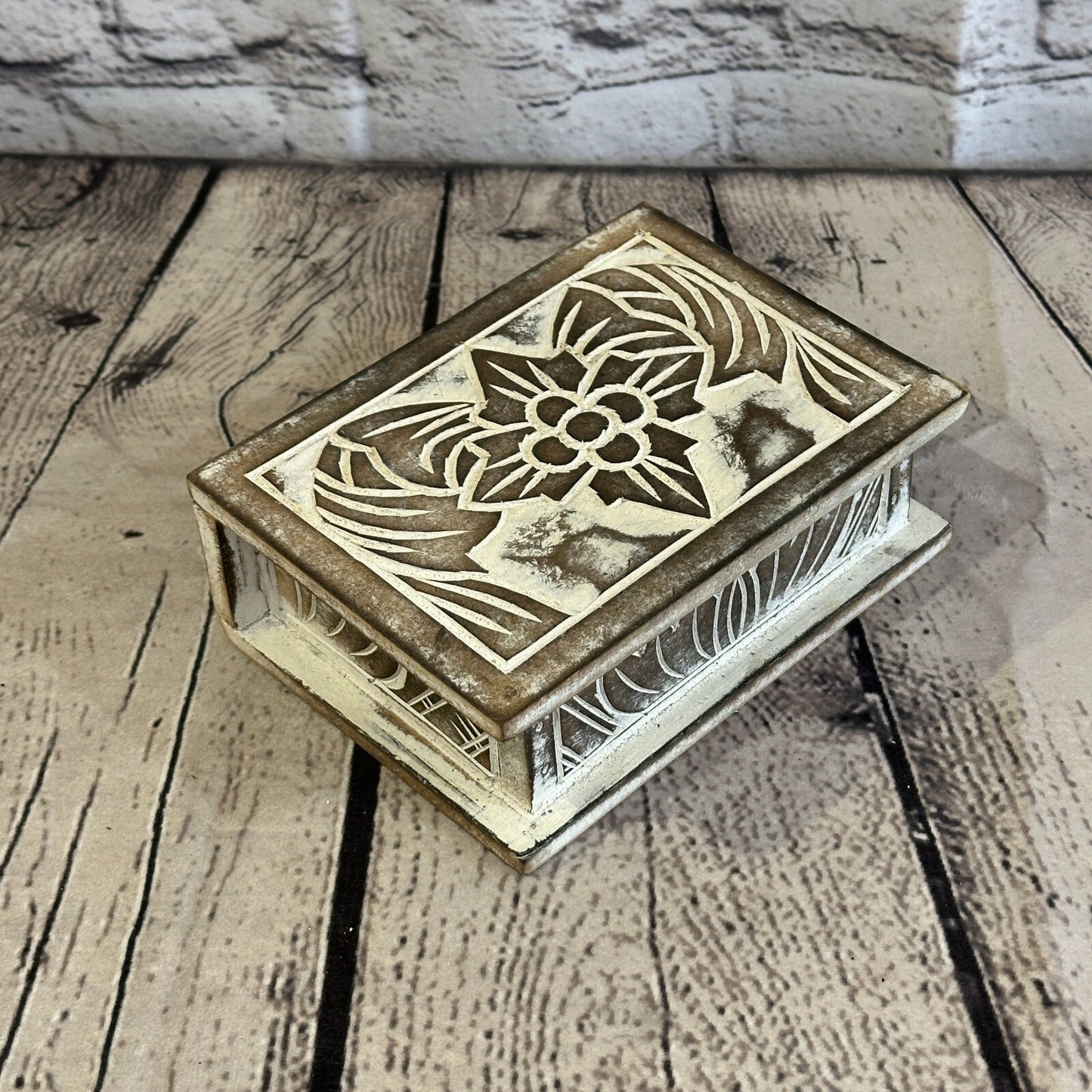 Brown Flower MDF Box Lotus 14cm x 10cm x 6cm Wooden Box Trinket Handmade