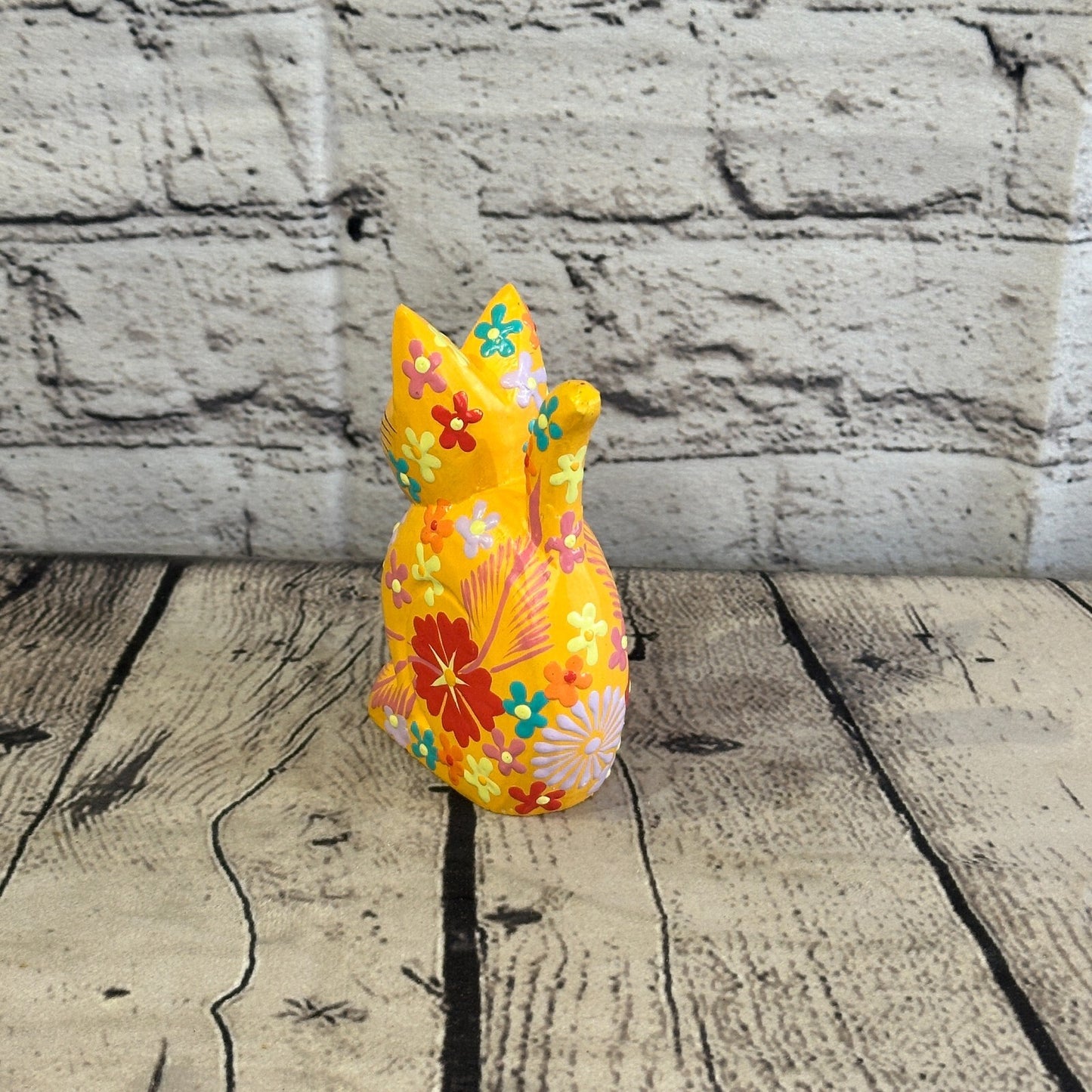 Orange Small Wooden Cat With Flower Pattern 12cm x 6cm Handmade and Fairtrade