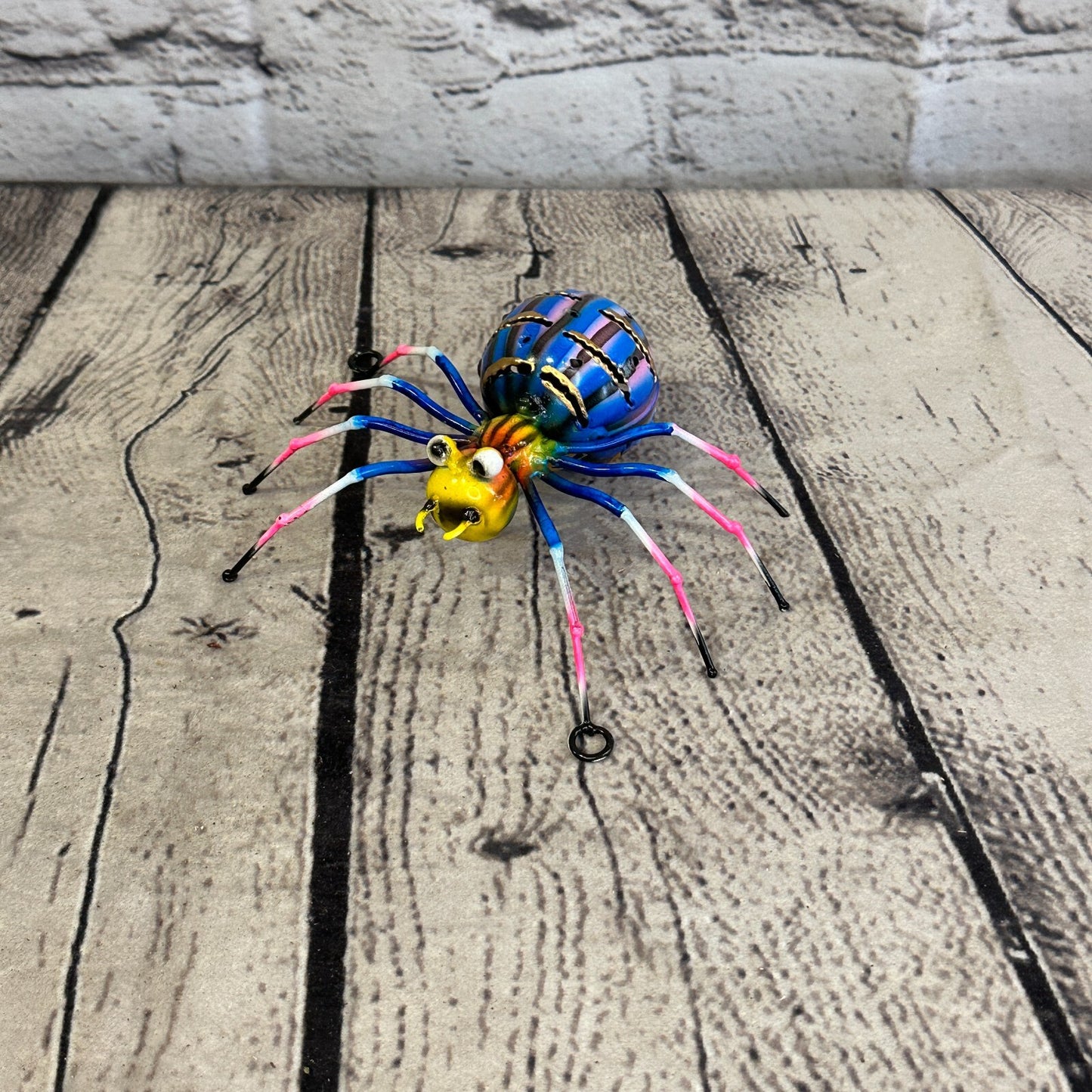 12cm x 8cm Blue Yellow Spider Bug Metal Tin Wall Hanging Ornament Painted Statue
