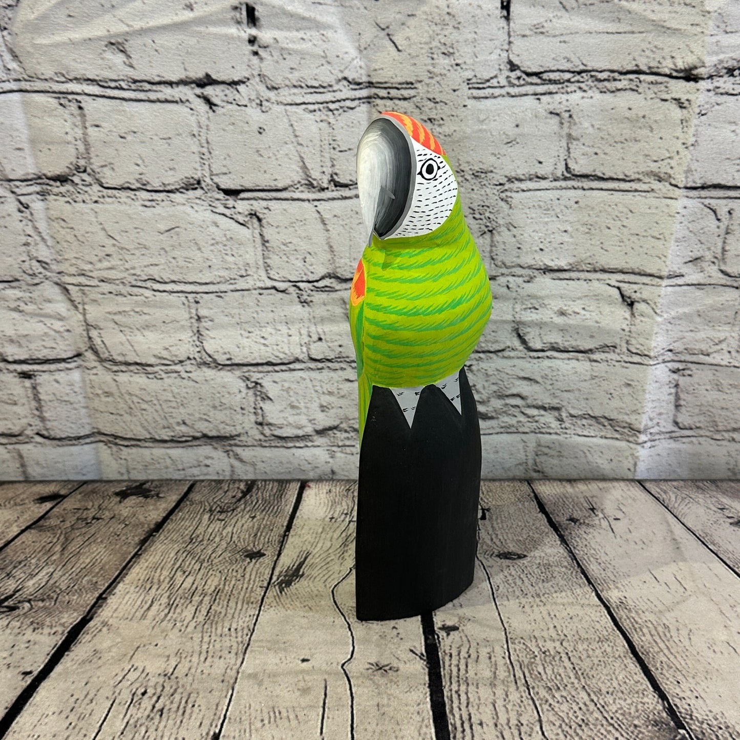 30cm Green Parrot Bird Ornament Statue Fair Trade Hand Made Carved Wood
