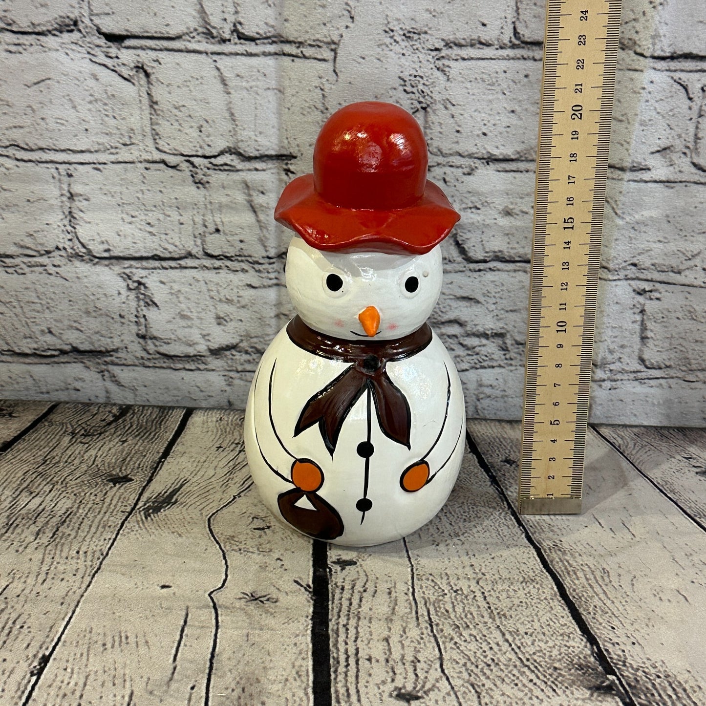 20cm x 10cm Red Top Hat Snowman Handcrafted Wood Xmas Christmas Ornament