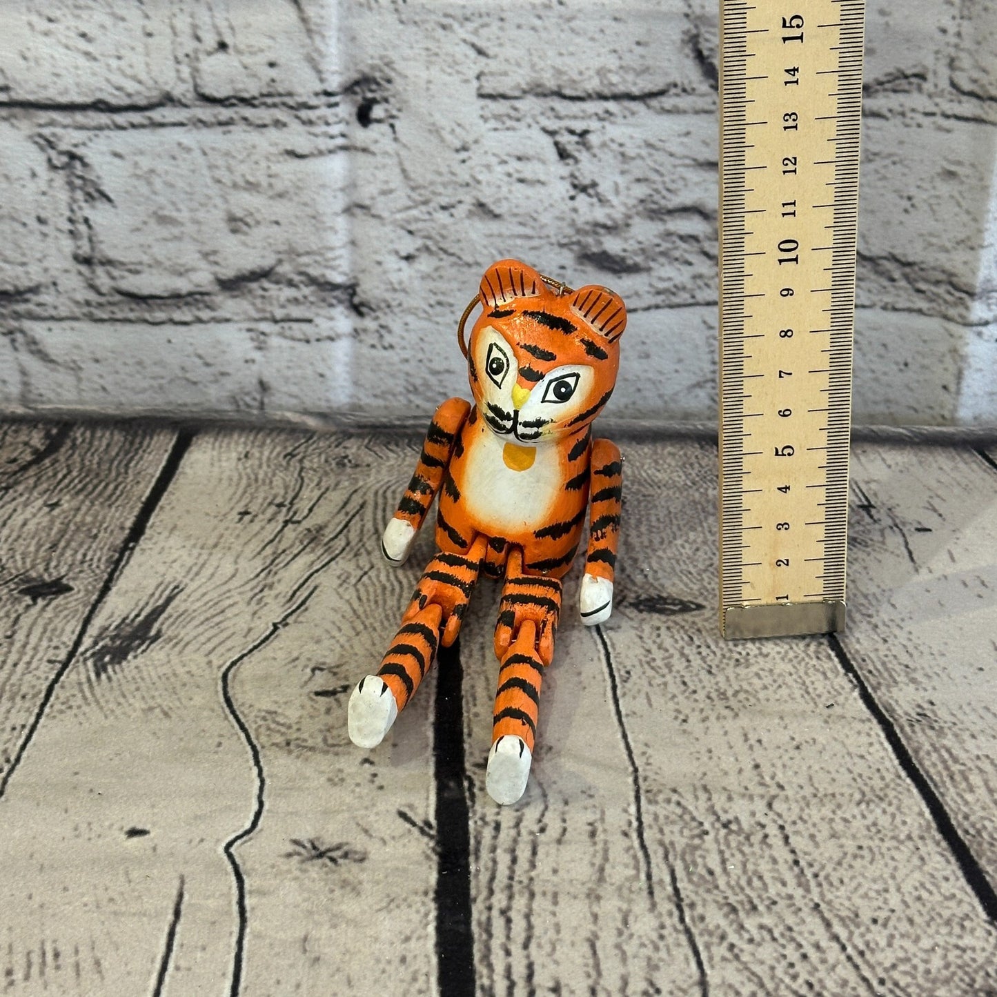 10cm Orange Tiger Sitting Animal, Wooden Shelf Ornament Handmade and Fairtrade