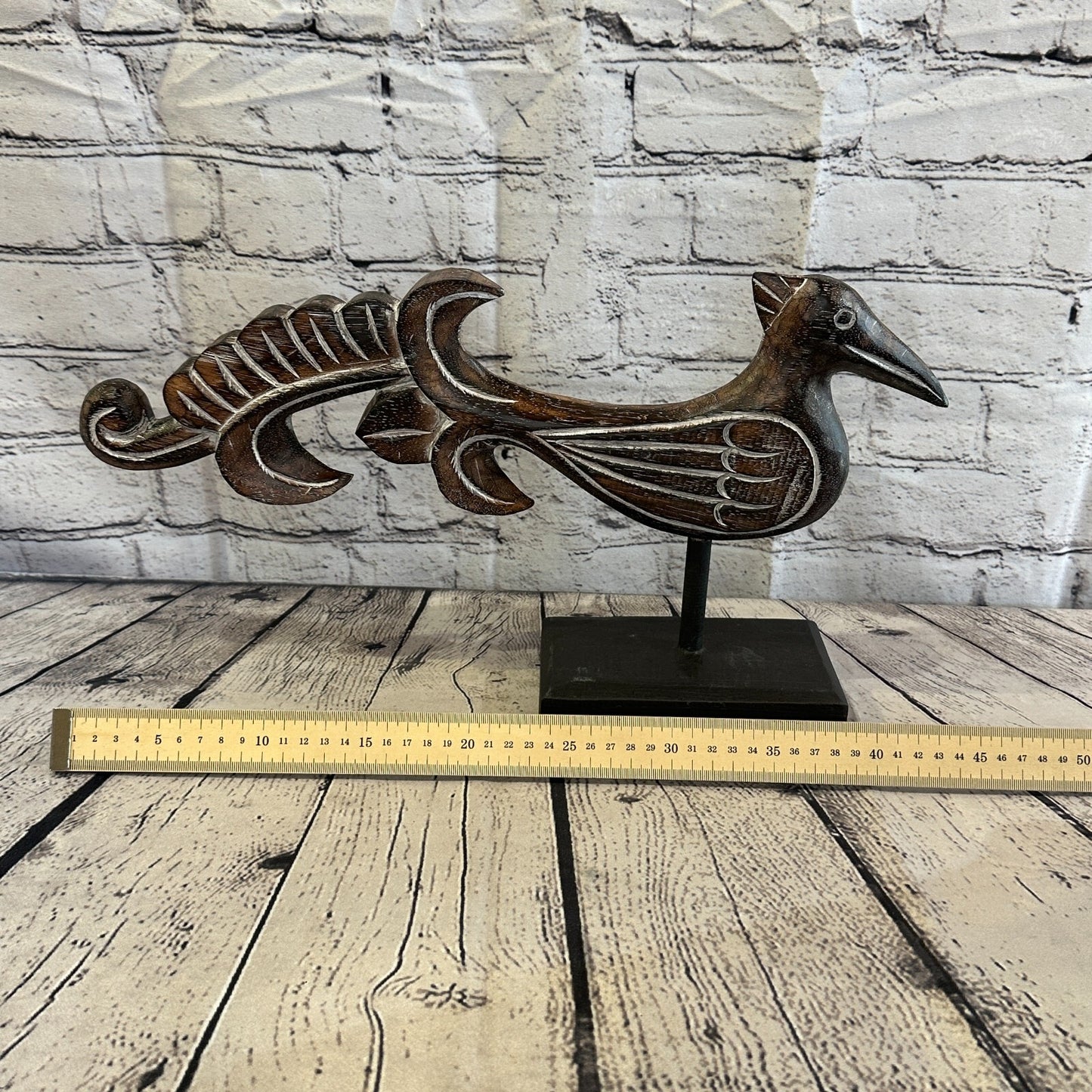 45cm x 25cm Wooden Tribal Primitive Black Phoenix Bird Stand Sculpture Statue
