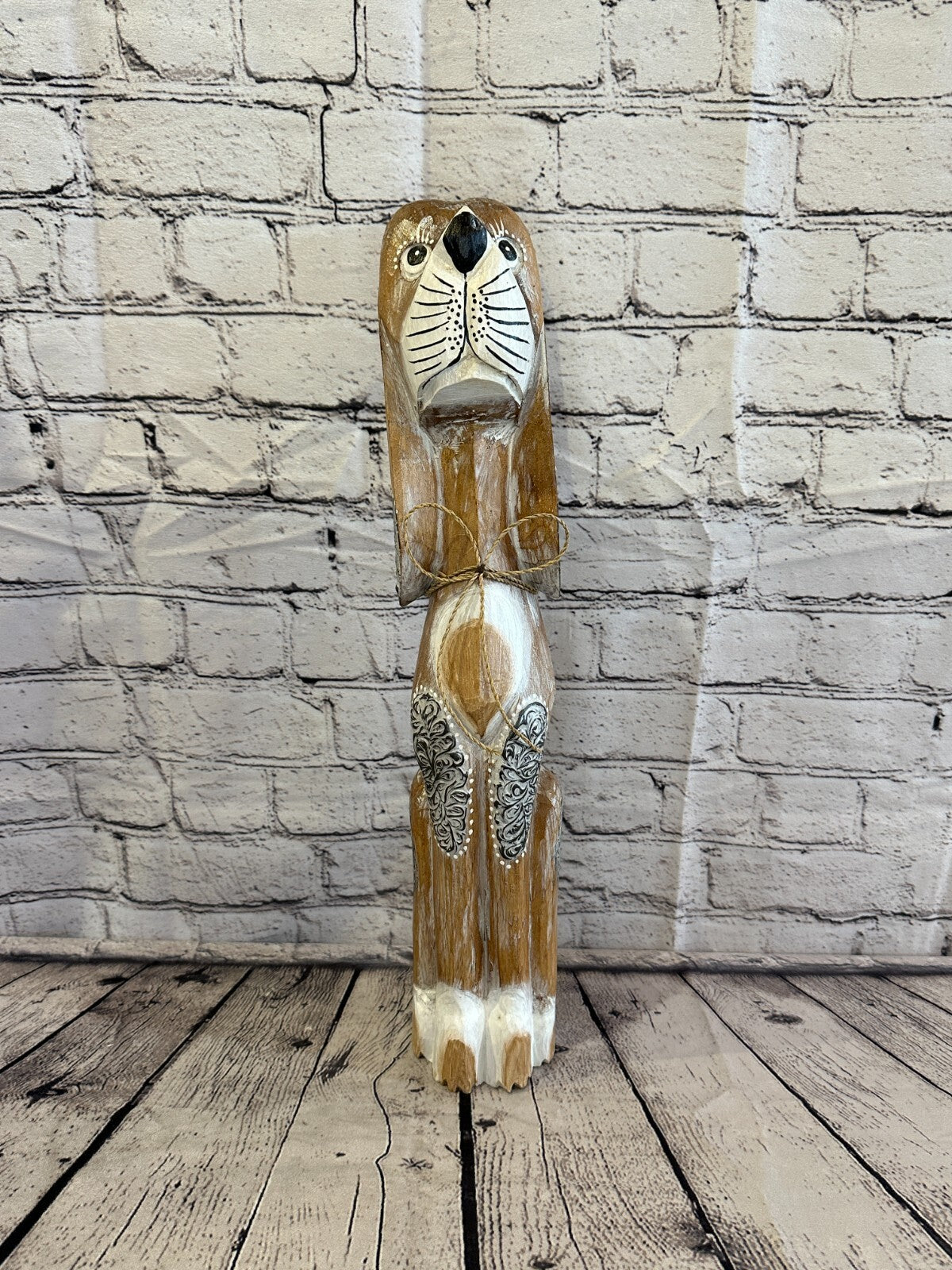 50cm Light Brown Flower Wooden Shabby Dog Statue Ornament Fair Trade Handcarved