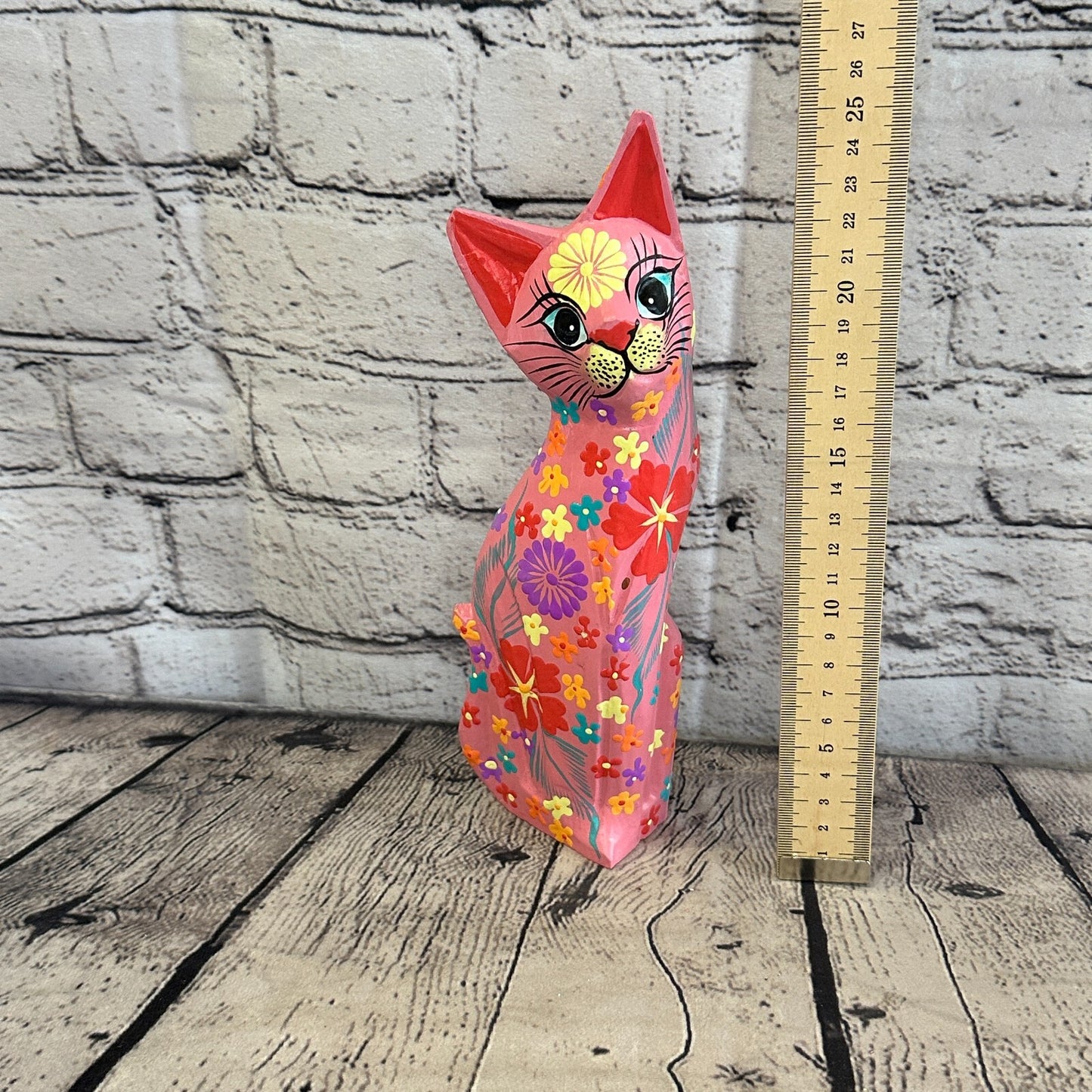 Pink Flat Back Wooden Cat With Flower Pattern 25cm x 8cm Handmade and Fairtrade