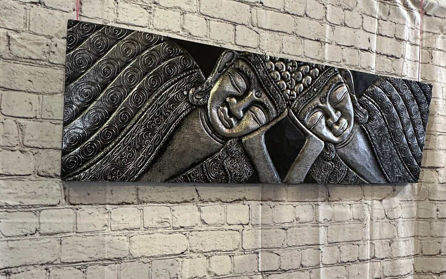100cm x 30cm Buddha 2 Faces Silver Wooden Wood Panel Wall Art Plaque Handcarved