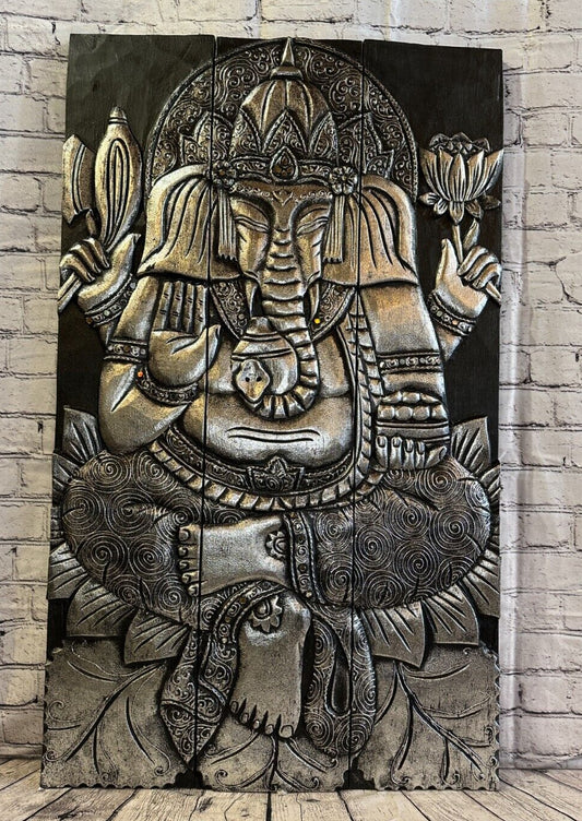 100cm x 60cm Ganesh Silver 3 Panel Wooden Wood Panel Wall Art Plaque Handcarved