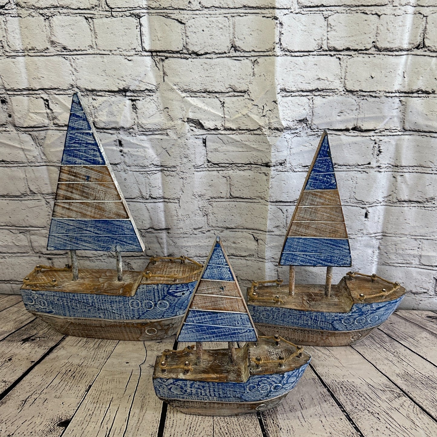40cm Rustic Wooden Brown & Blue Sailing Boat Nautical Ornament Sculpture Decor