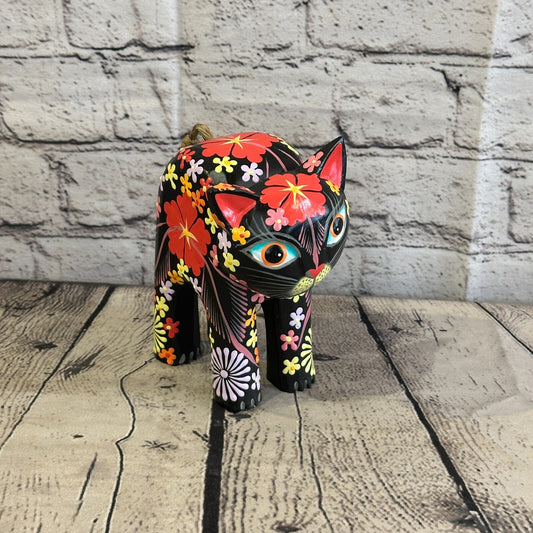 Black Large Wooden Cat With Flower Pattern 15cm x 10cm Handmade and Fairtrade