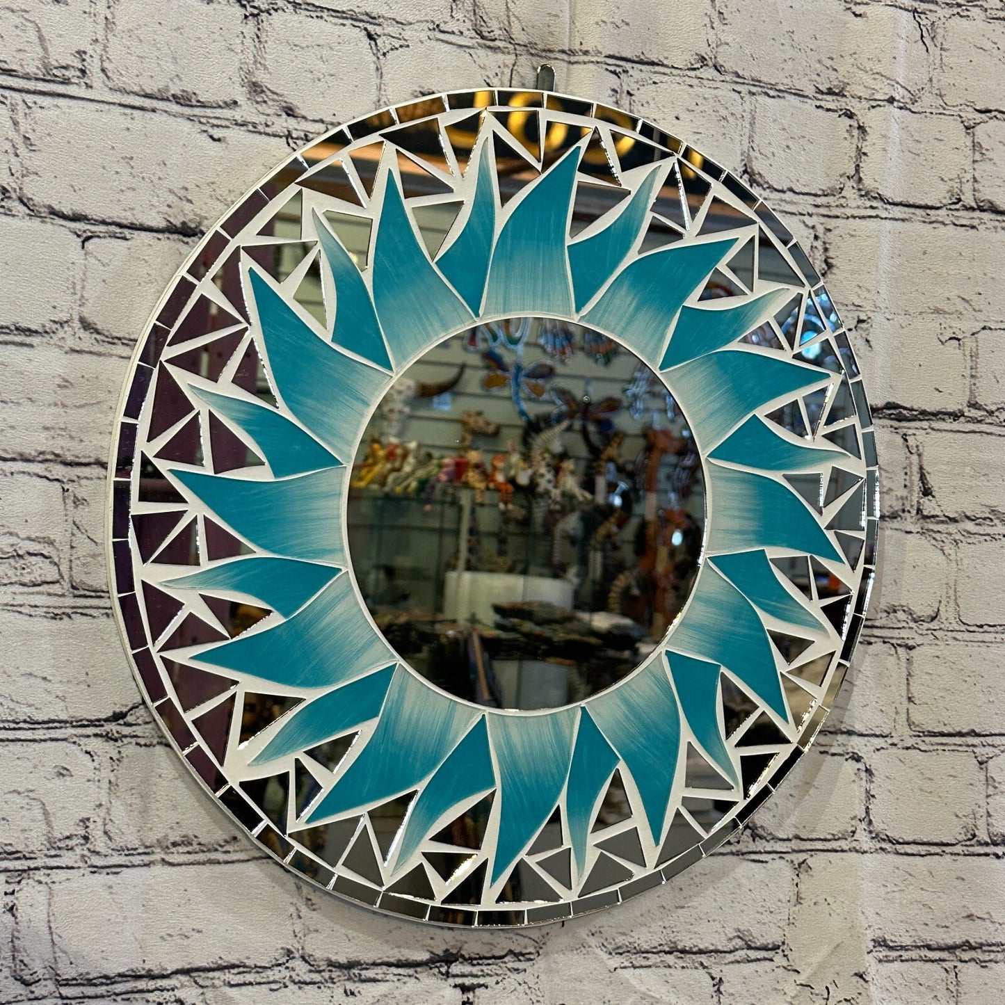 Turquoise Blue Flame Sun Mosaic Tile Wall Mirror 40cm x 40cm 16 Inches Handmade