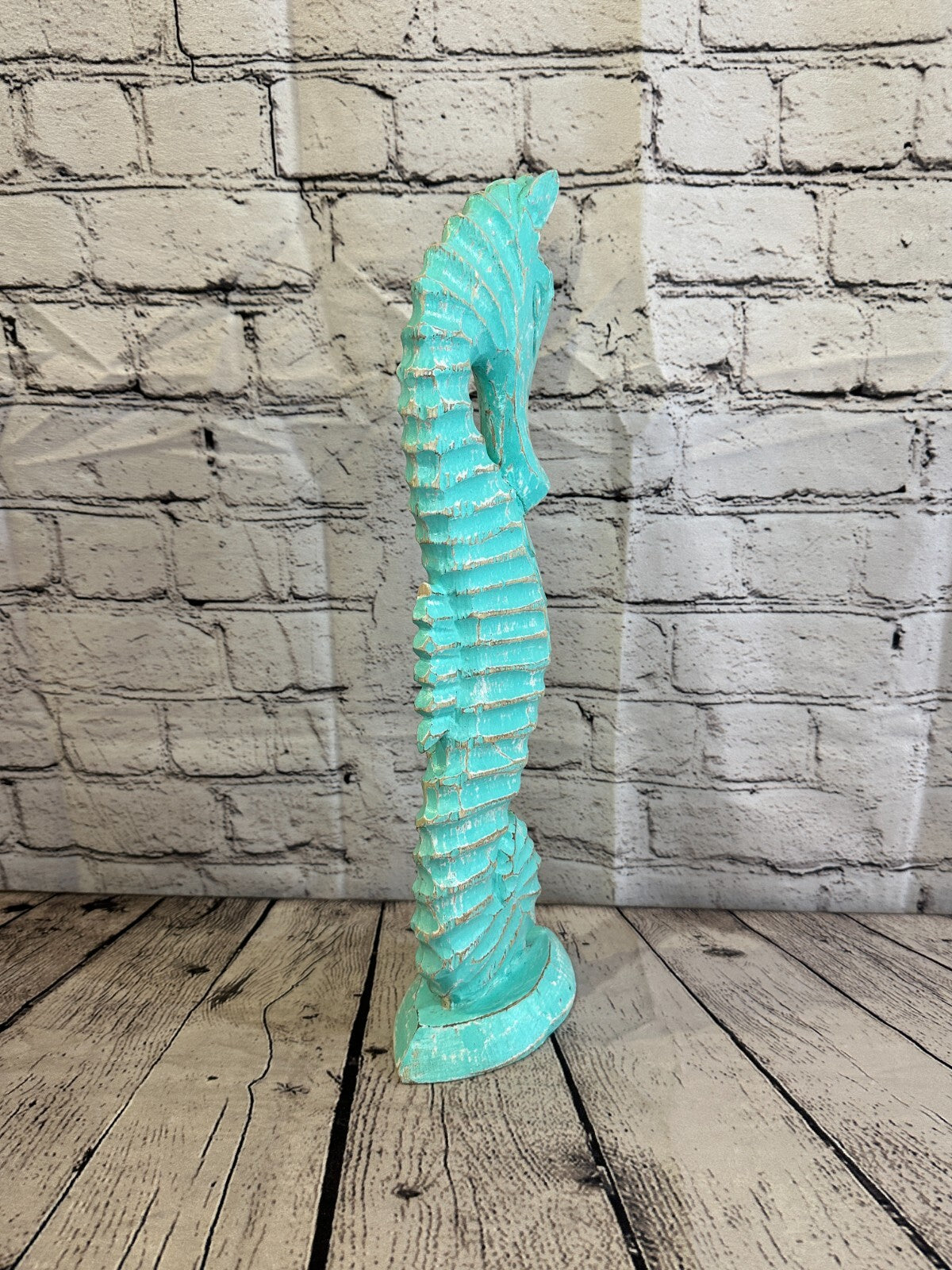 40cm Green Plain Wooden Shabby Seahorse Statue Ornament Fair Trade Handcarved