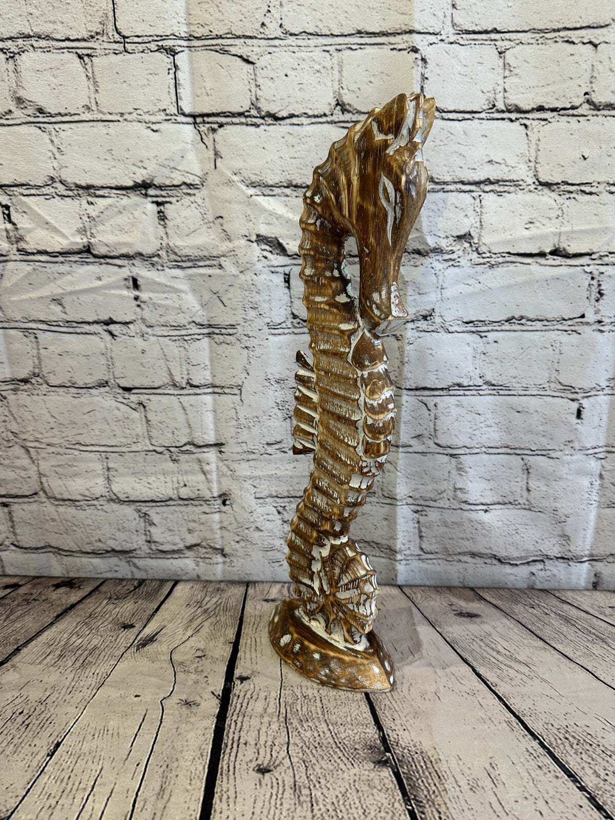 40cm Brown Plain Wooden Shabby Seahorse Statue Ornament Fair Trade Handcarved