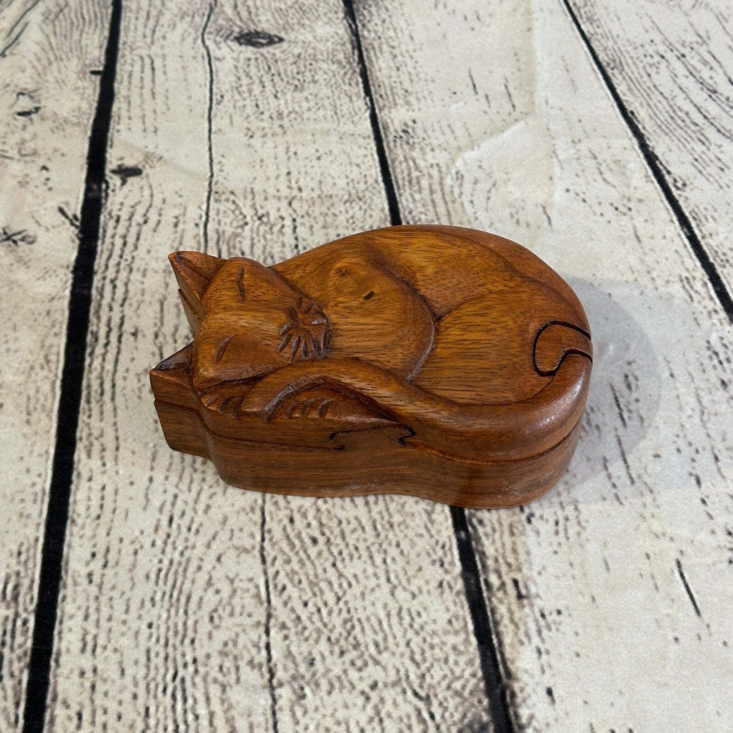 Carved Sleeping Cat 4 Bit Wooden Puzzle Box Secret Box Magic Trinket Handmade