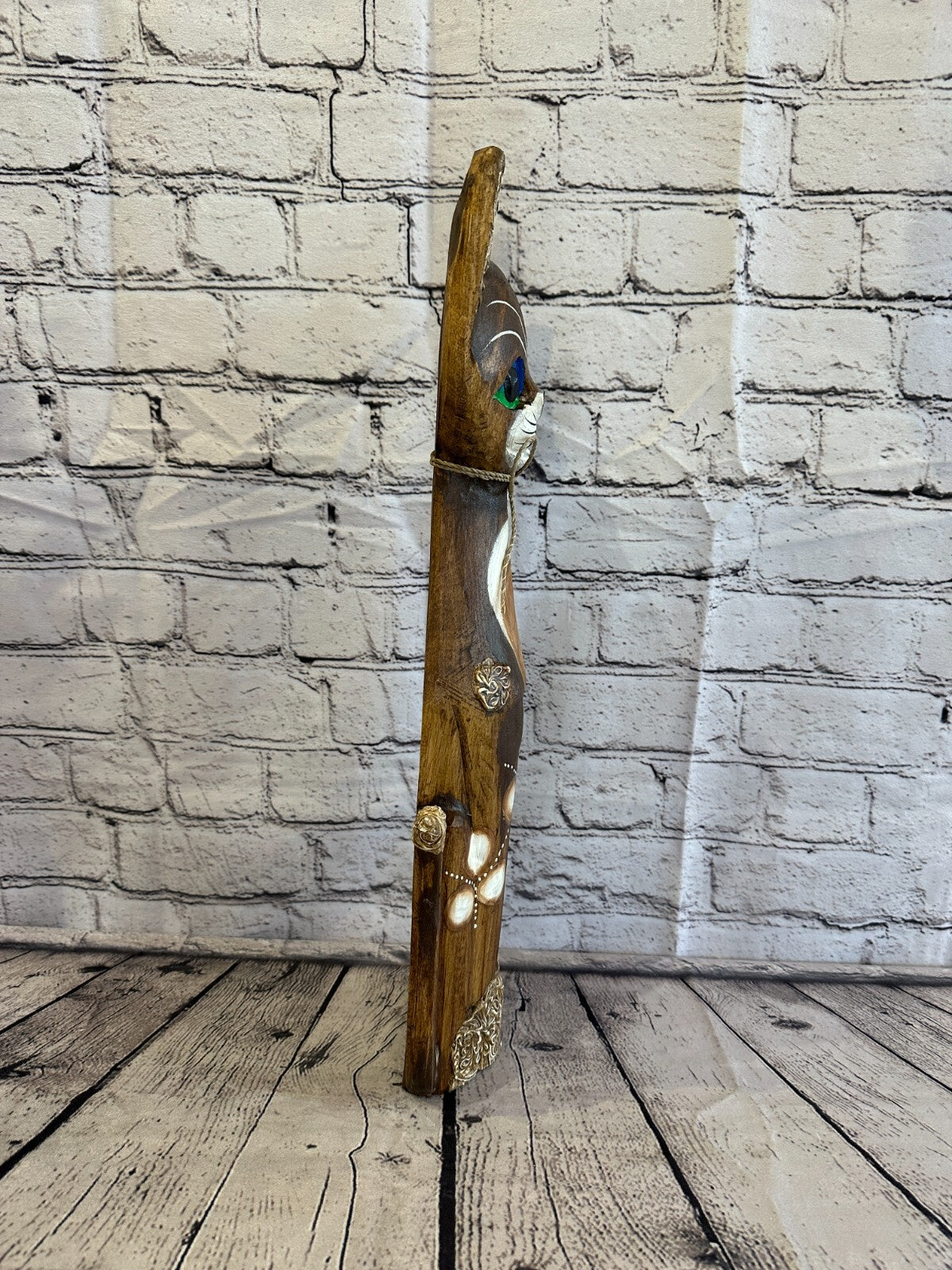 50cm Brown Swirl Flower Wooden Shabby Cat Statue Ornament Fair Trade Handcarved