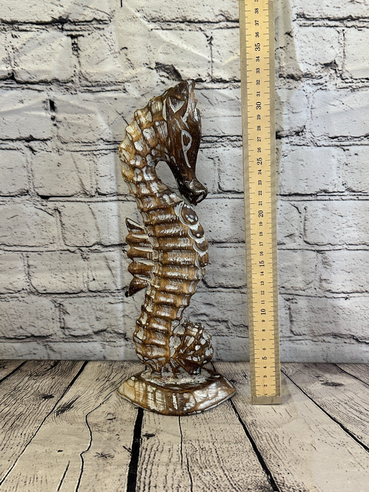 30cm Brown Plain Wooden Shabby Seahorse Statue Ornament Fair Trade Handcarved