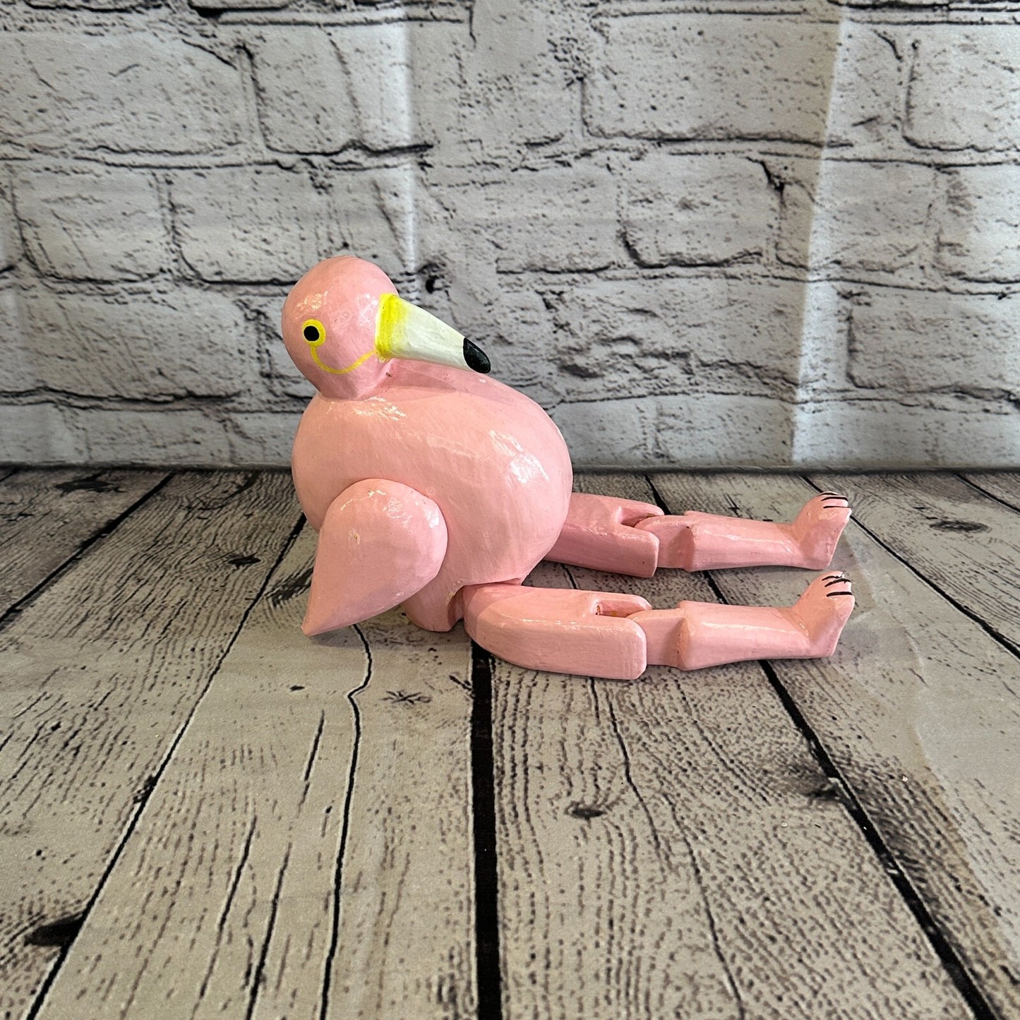 20cm Pink Flamingo Sitting Animal, Wooden Shelf Ornament Handmade & Fairtrade