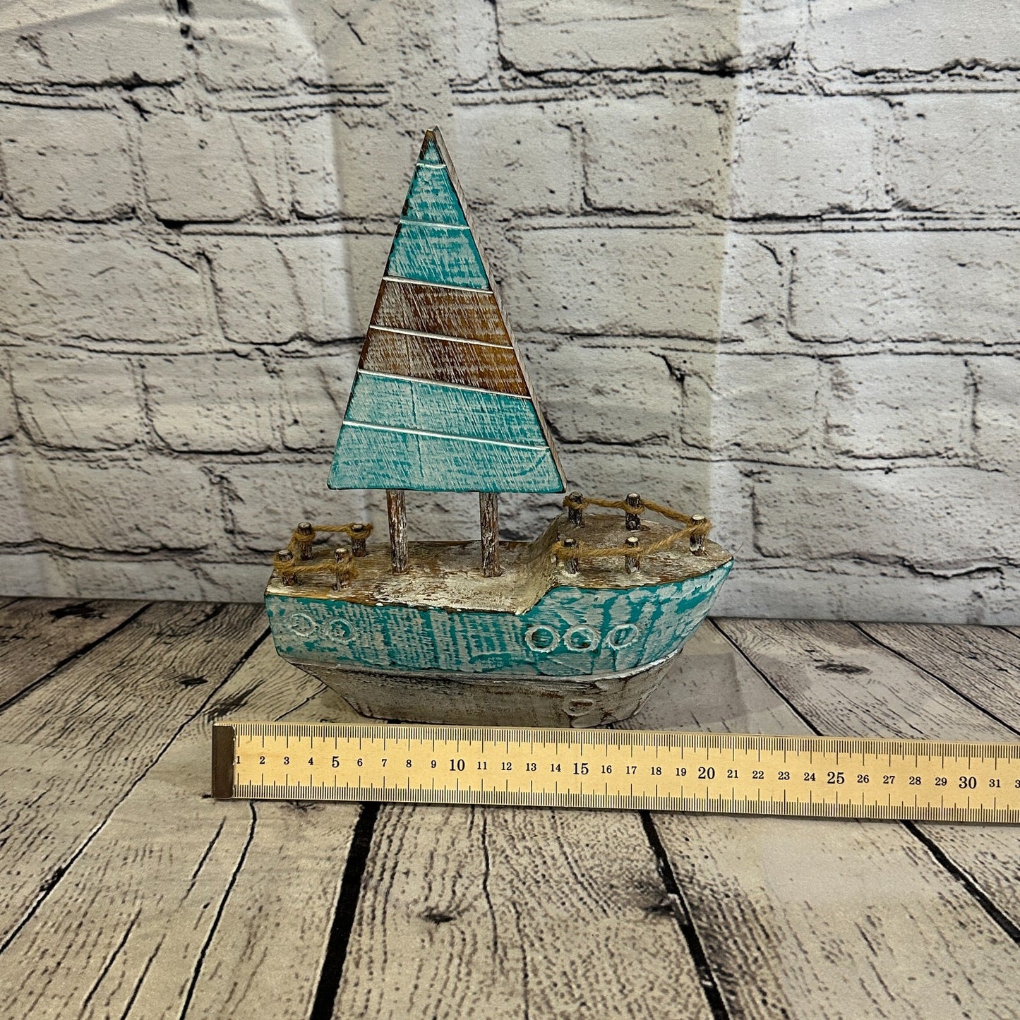 25cm Rustic Wooden Brown & Green Sailing Boat Nautical Ornament Sculpture Decor