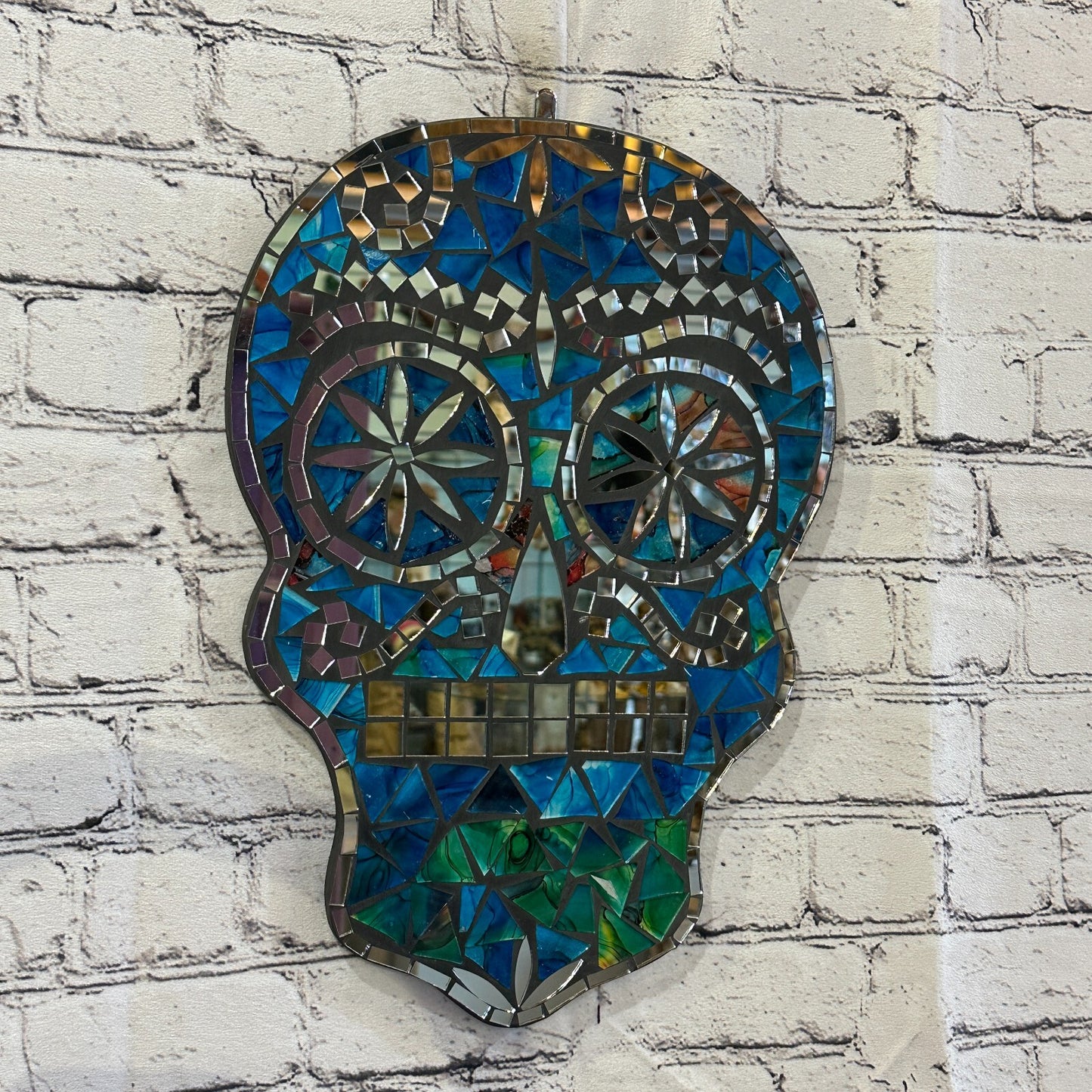 Blue Skull Mosaic Tile Wall Mirror 40cm x 28cm 16 Inches Handmade New