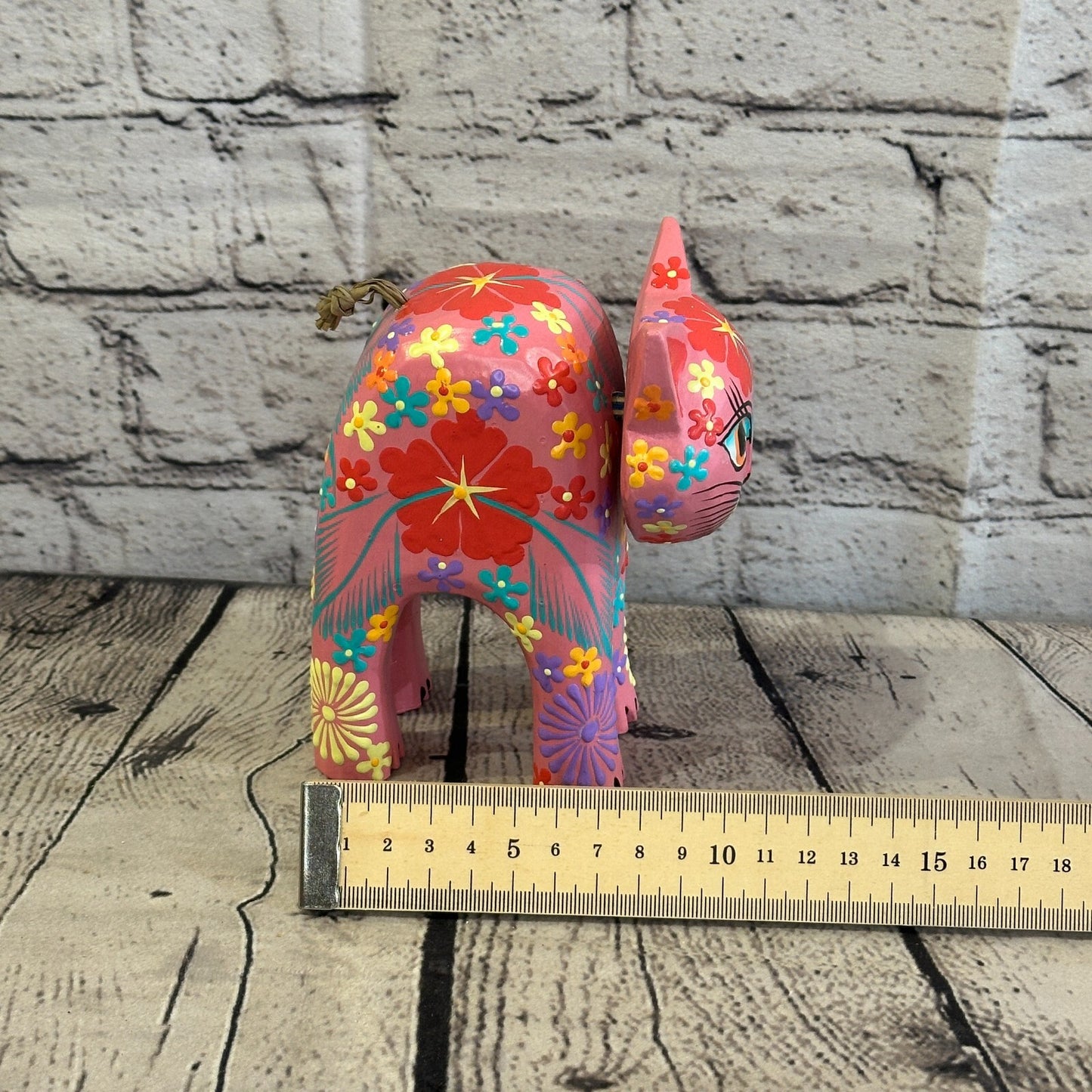 Pink Large Wooden Cat With Flower Pattern 15cm x 10cm Handmade and Fairtrade