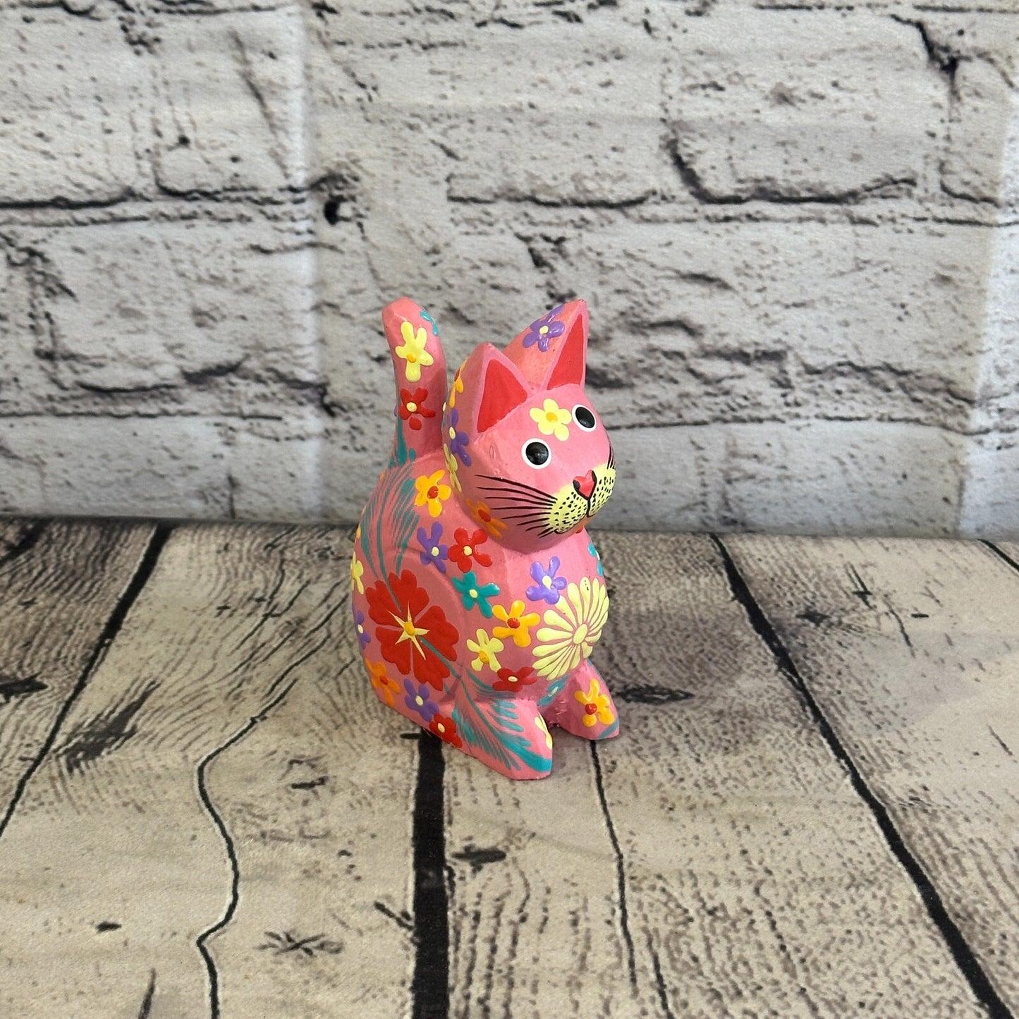 Pink Small Wooden Cat With Flower Pattern 12cm x 6cm Handmade and Fairtrade