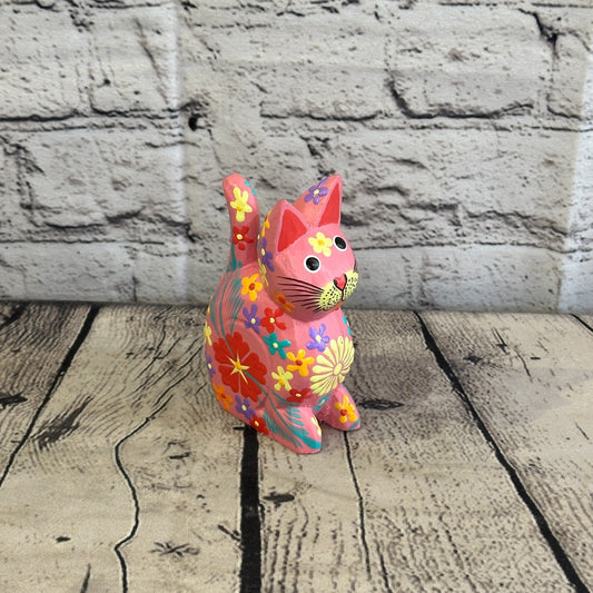 Pink Small Wooden Cat With Flower Pattern 12cm x 6cm Handmade and Fairtrade