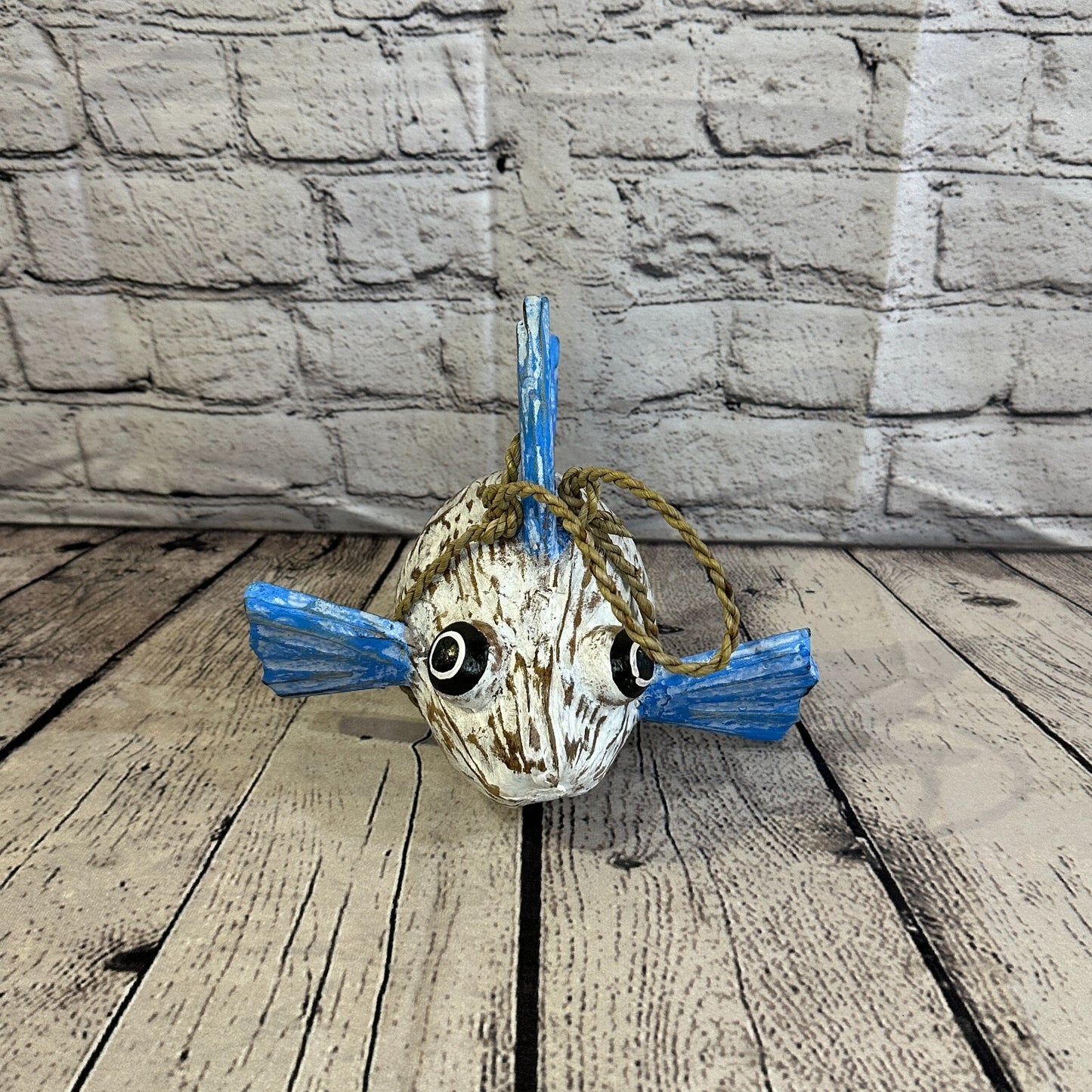 Blue White Folk Art Hand Painted Puffer Fish Coconut Shell Ornaments Hanging