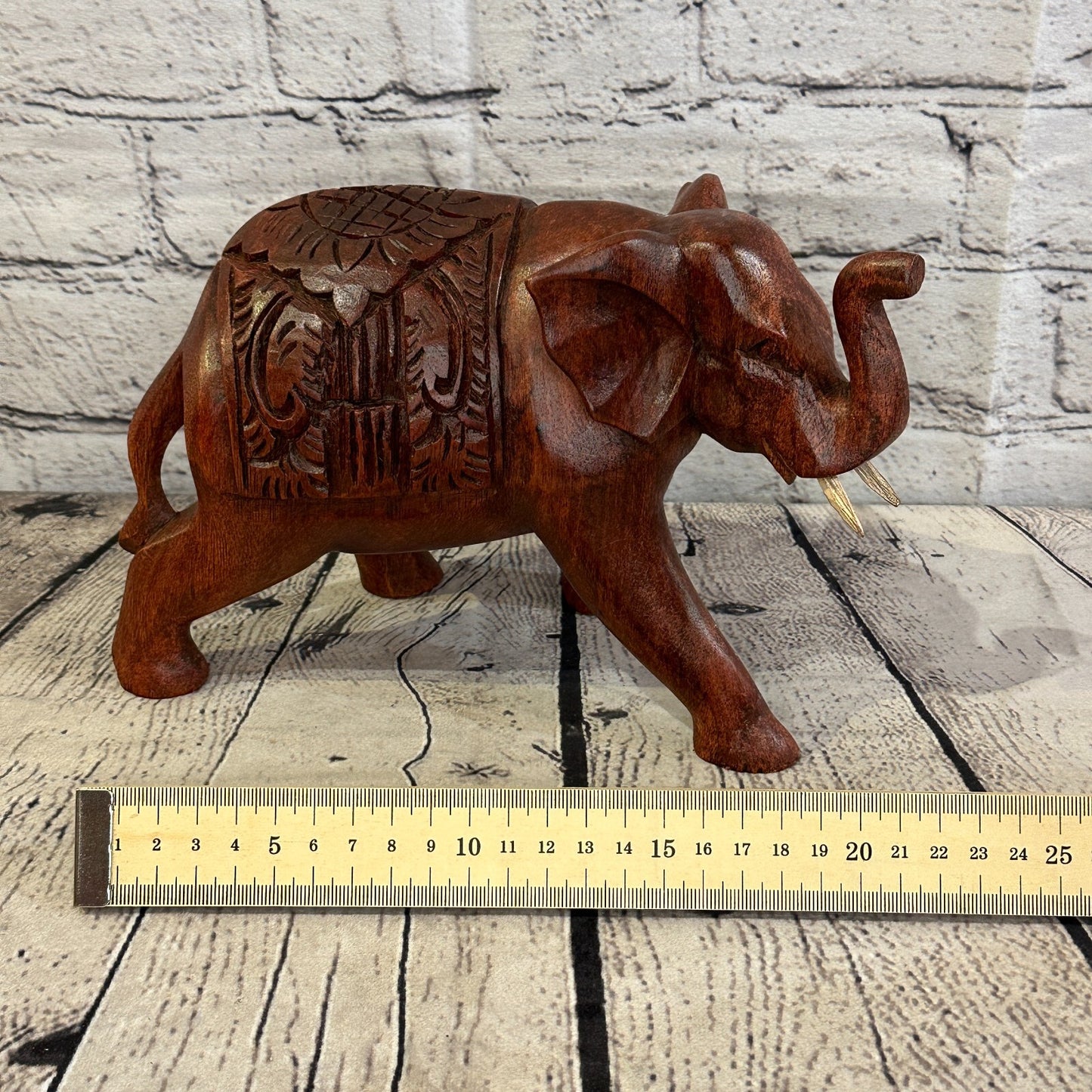 20cm x 15cm Carved Wooden Baby Elephant Wood Brown Sculpture Retro Handmade