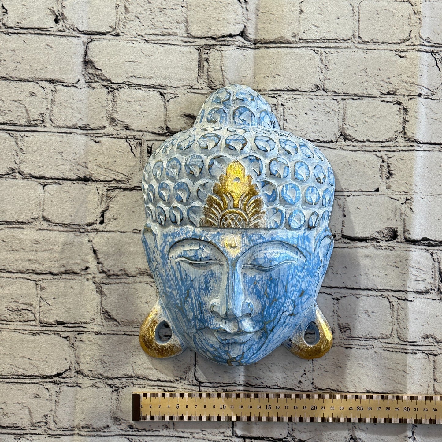 30cm x 20cm Blue Buddha Head Mask Wooden Hanging Statue Figurine Ornament