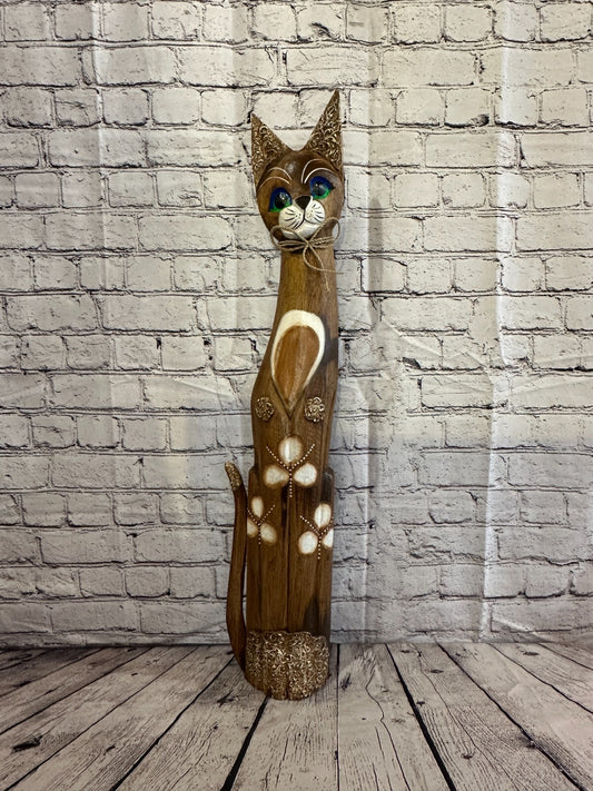 80cm Brown Swirl Flower Wooden Shabby Cat Statue Ornament Fair Trade Handcarved