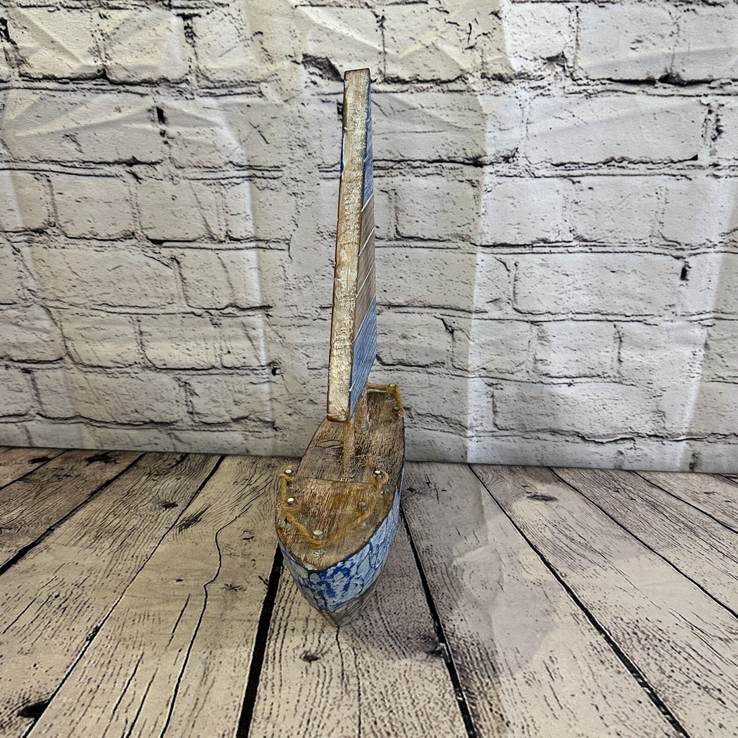 35cm Rustic Wooden Brown & Blue Sailing Boat Nautical Ornament Sculpture Decor