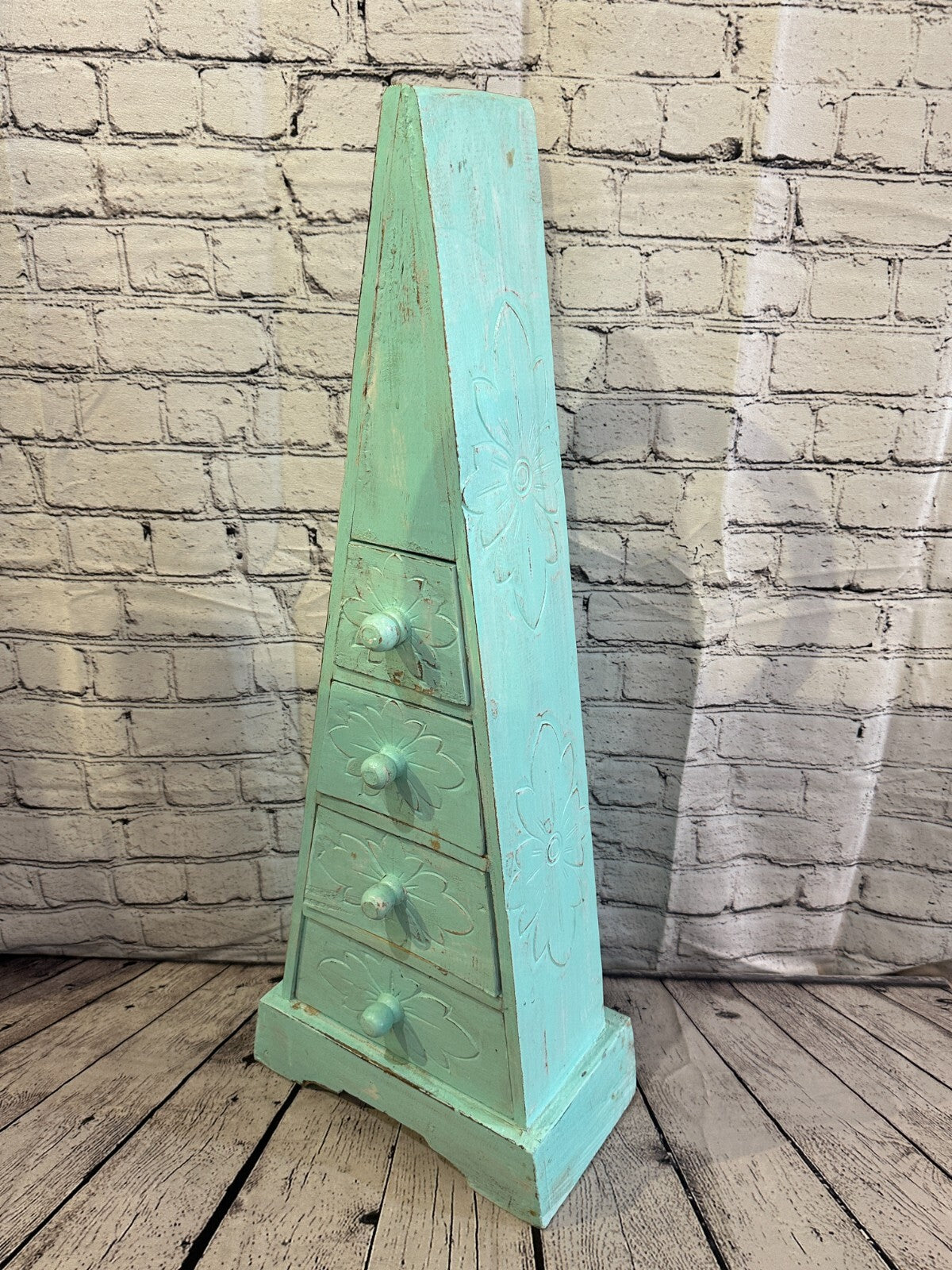 80cm x 30cm Green 3 Draw Pyramid Wooden Side Cabinet Living Storage Furniture