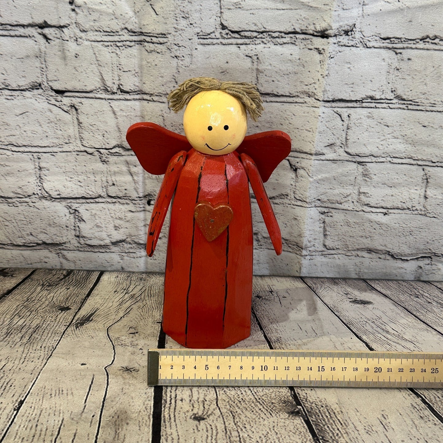 25cm x 10cm Red Cream Angel Red Heart Handcrafted Wood Xmas Christmas Ornament