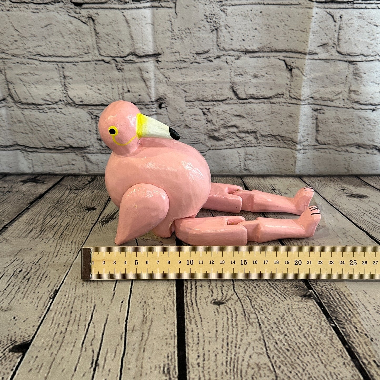 20cm Pink Flamingo Sitting Animal, Wooden Shelf Ornament Handmade & Fairtrade