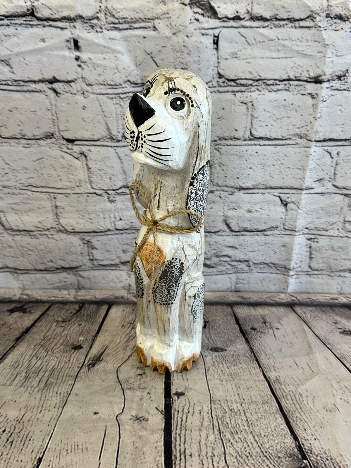 30cm White Flower Wooden Shabby Dog Statue Ornament Fair Trade Handcarved