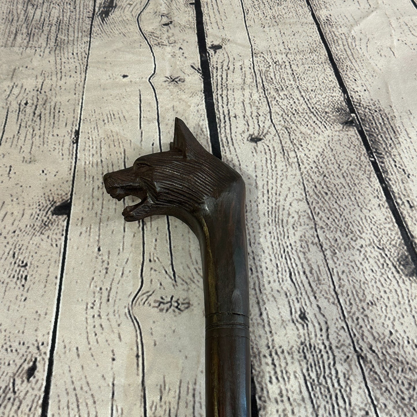 Wolf Head 90cm Tribal African Walking Stick Cane Hand Carved Dark Wood