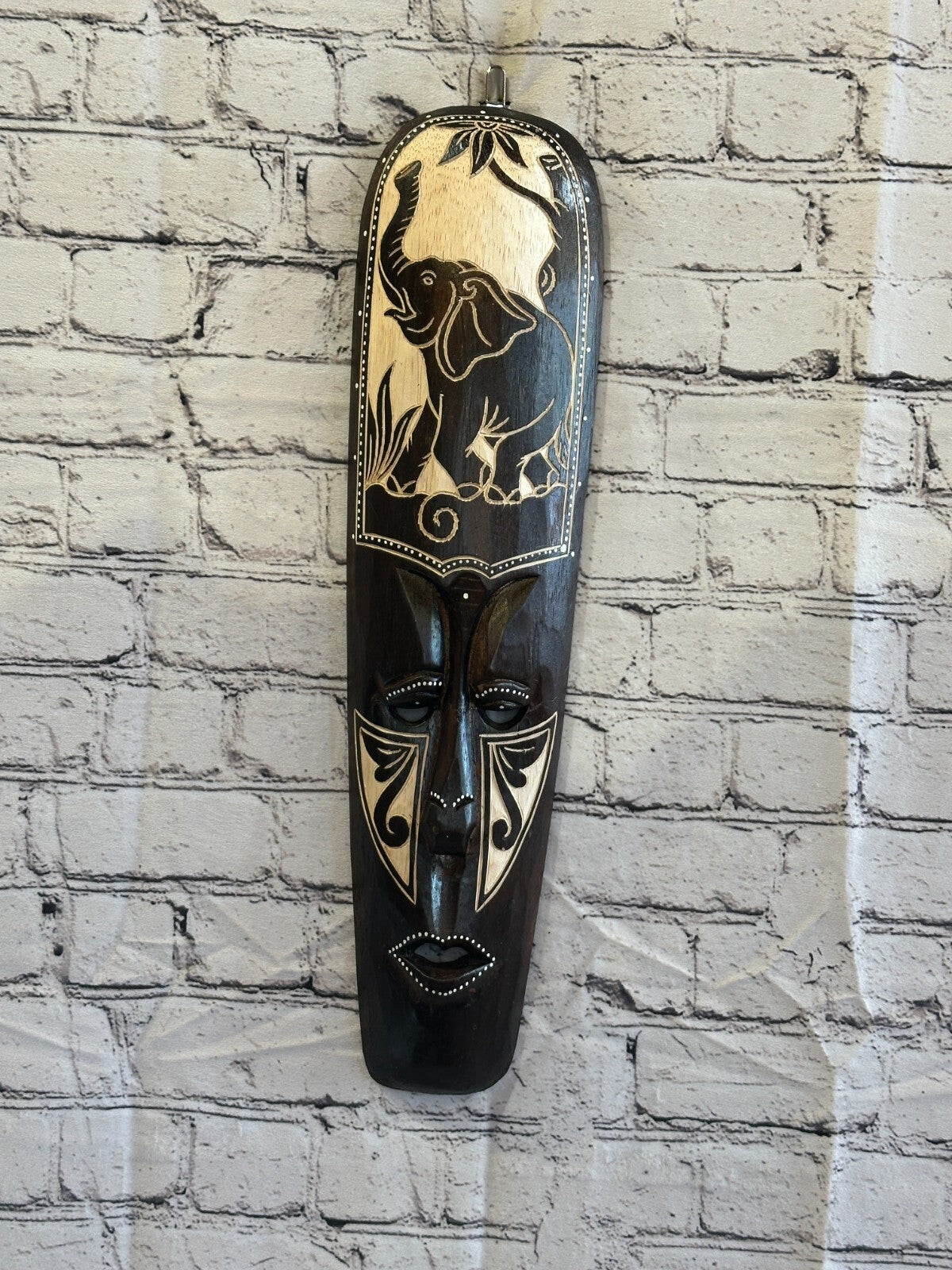 50cm Elephant Mask Carved Wooden Brown Work Painted Ethnic Tribal Tiki Wall Art